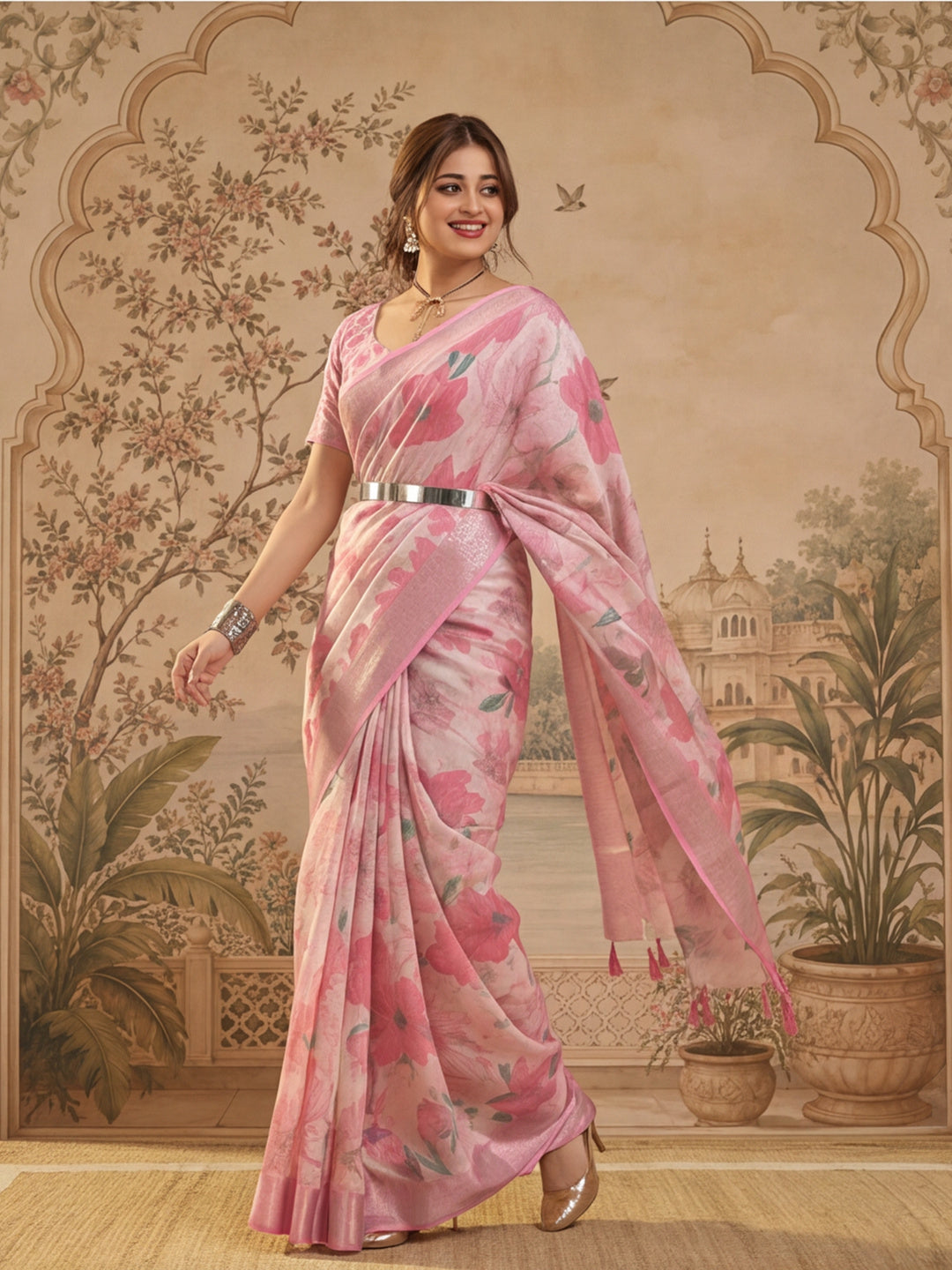 Baby Pink Linen Silver Zari Saree with Belt Bold Floral Digital Print & Latkan Tassel Pallu