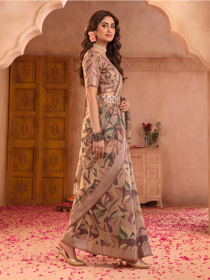 Beige Leaf Print Linen Zari Saree with Belt Fancy Digital Print Zari Border Festive Casual Saree