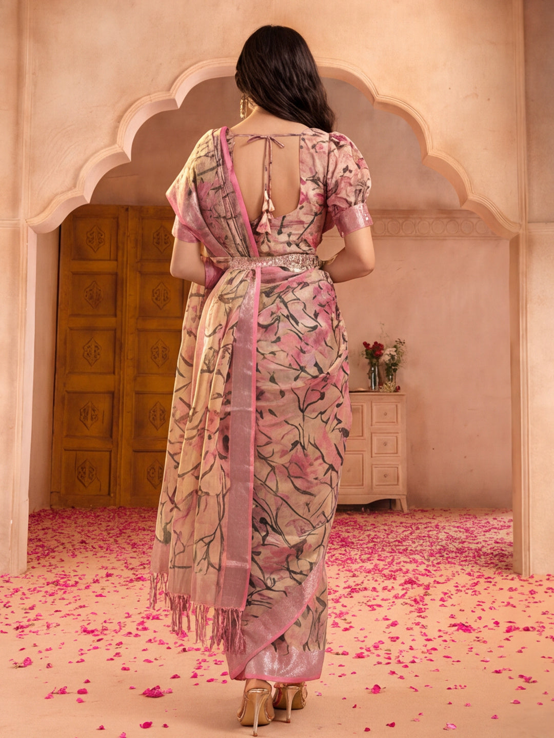 Beige Pink Floral Print Linen Zari Saree with Belt Digital Print Zari Border Festive Party Saree
