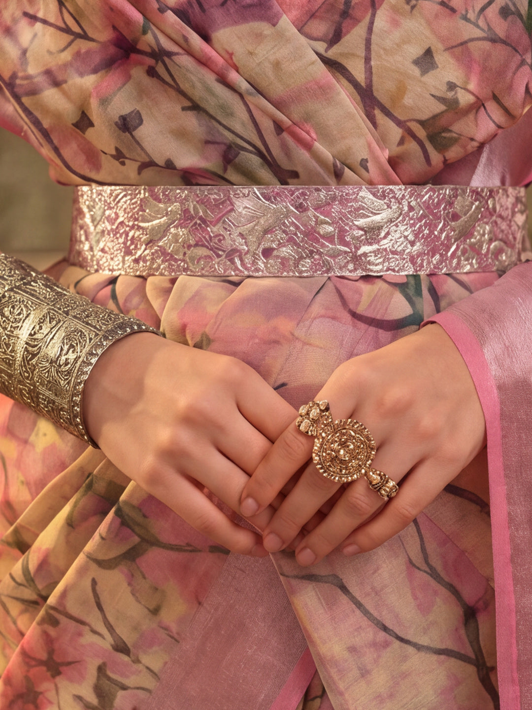 Beige Pink Floral Print Linen Zari Saree with Belt Digital Print Zari Border Festive Party Saree