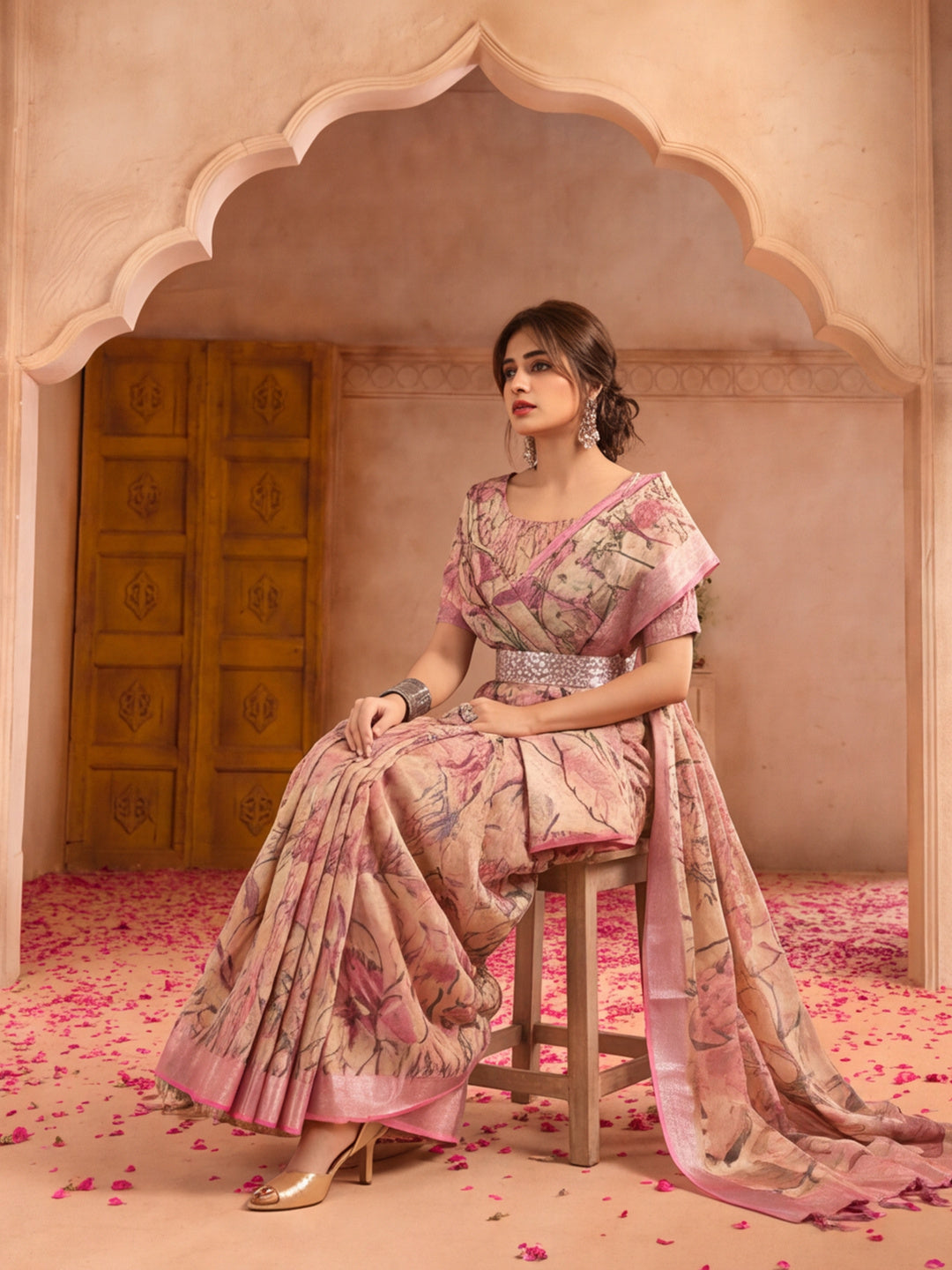 Beige Pink Floral Print Linen Zari Saree with Belt Digital Print Zari Border Festive Party Saree