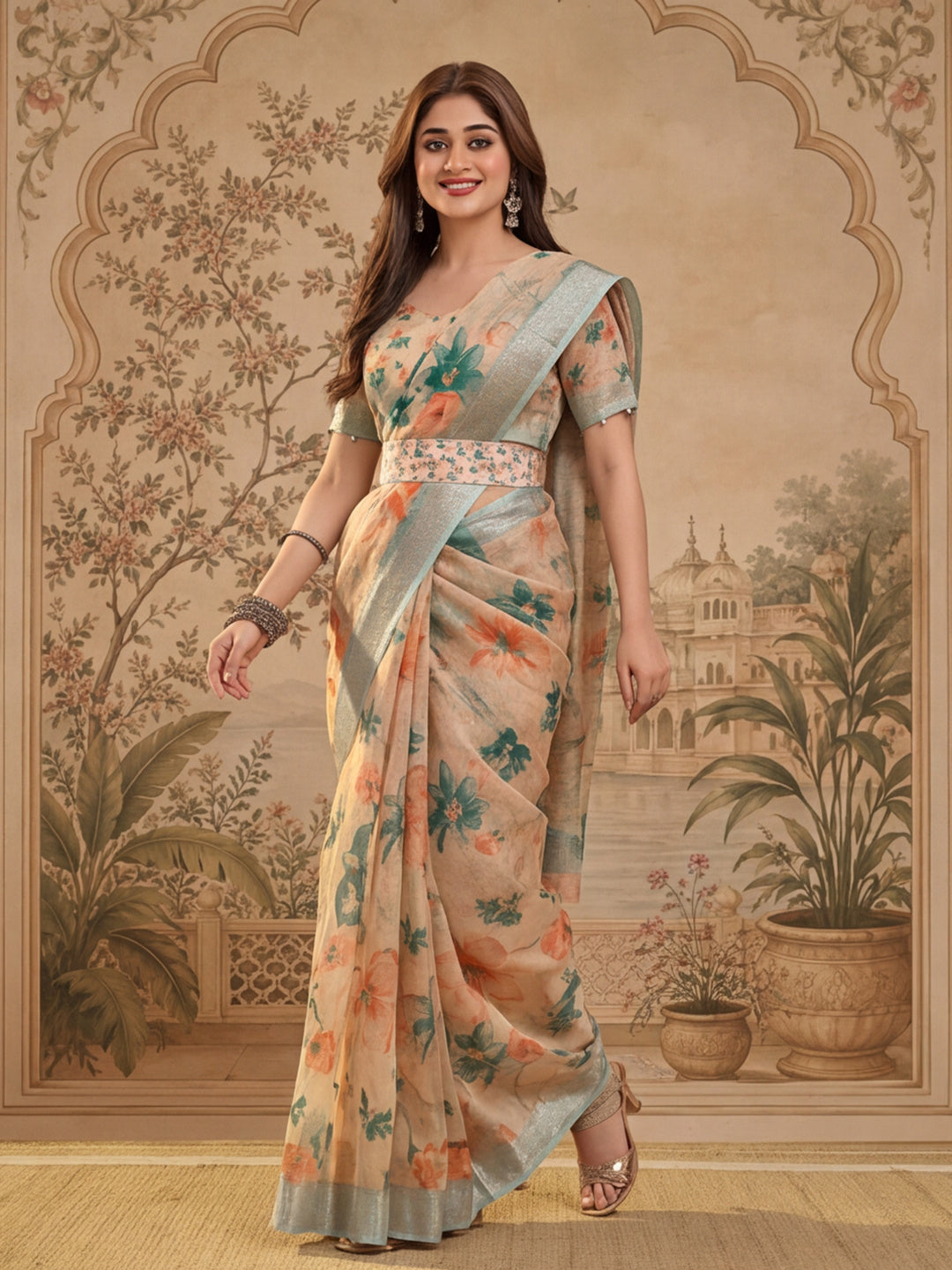 Beige Floral Digital Print Linen Zari Saree with Belt Zari Border Lightweight Festive Saree