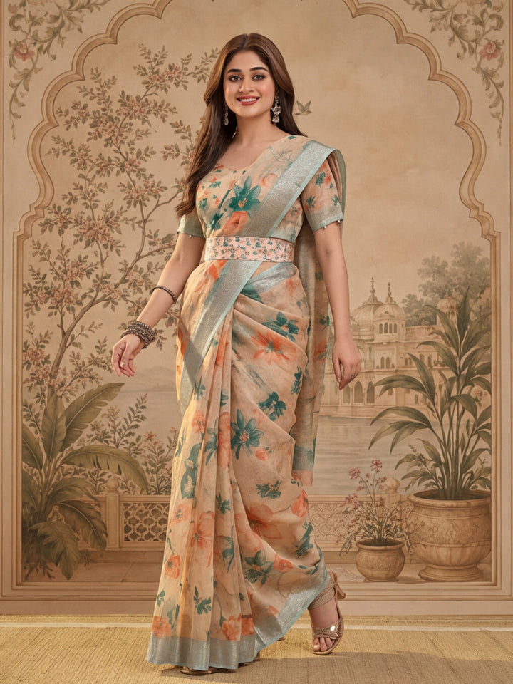 Beige Floral Digital Print Linen Zari Saree with Belt Zari Border Lightweight Festive Saree