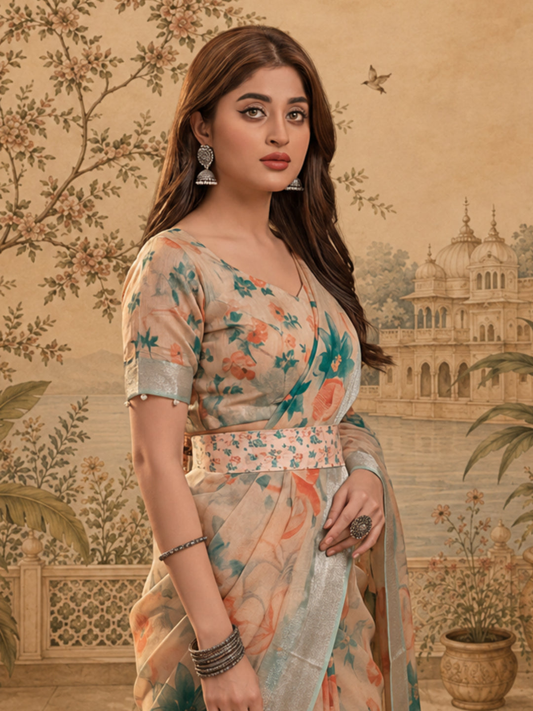 Beige Floral Digital Print Linen Zari Saree with Belt Zari Border Lightweight Festive Saree