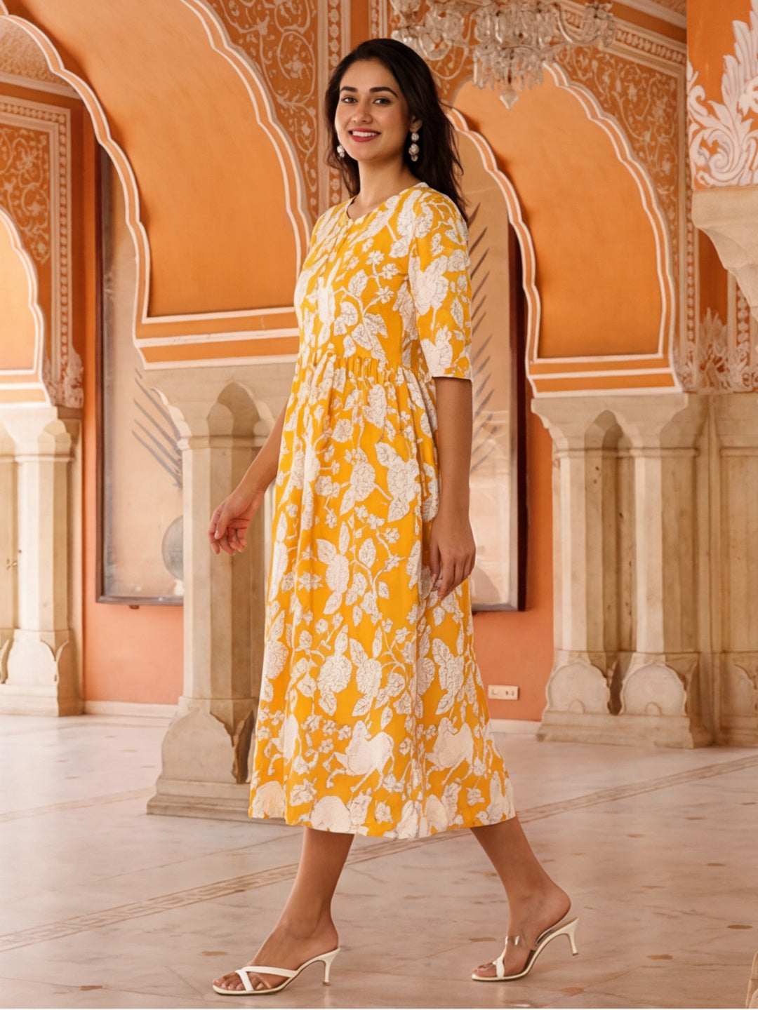 Floral Printed A-Line Panelled Ethnic Dress