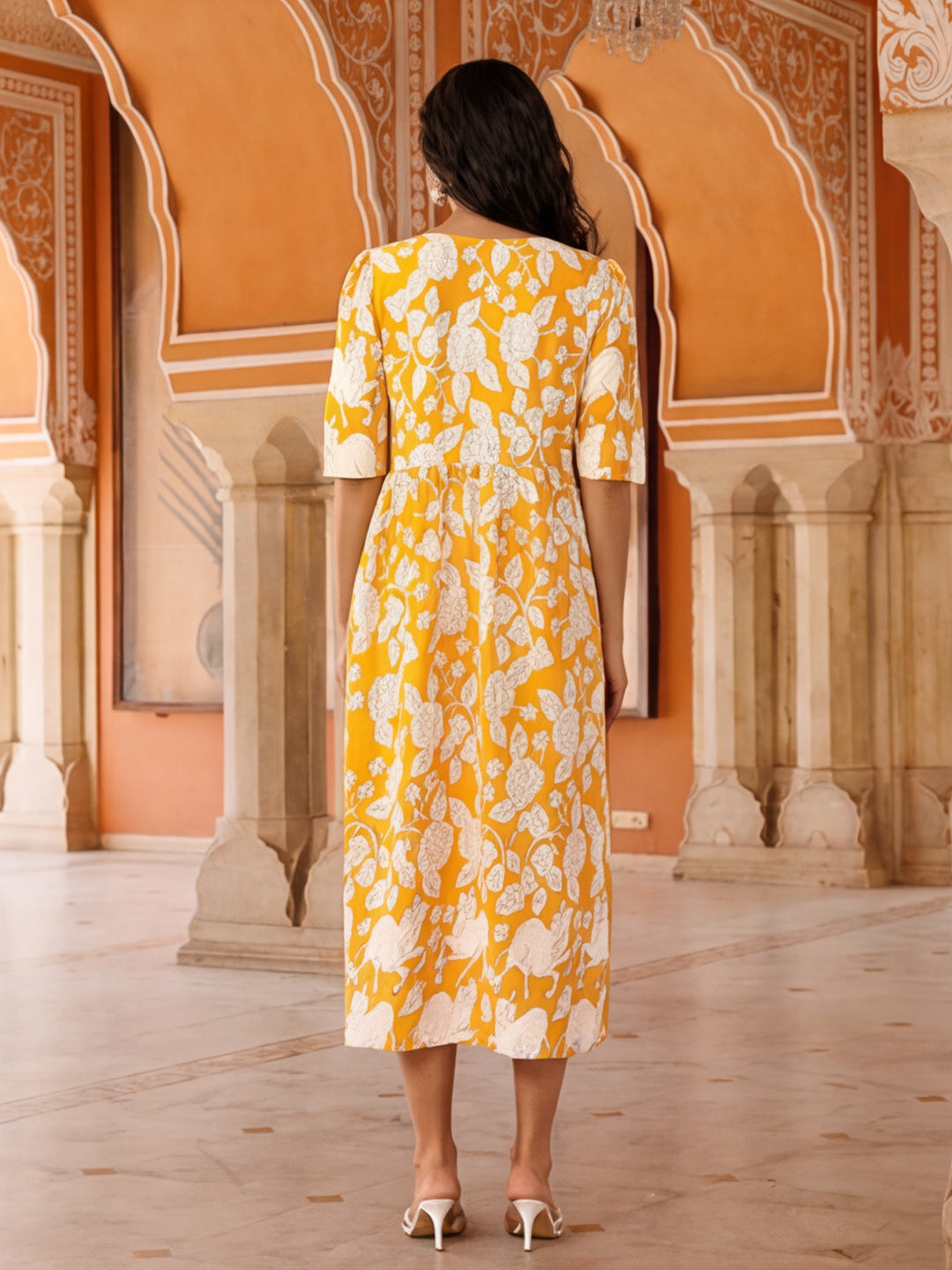 Floral Printed A-Line Panelled Ethnic Dress