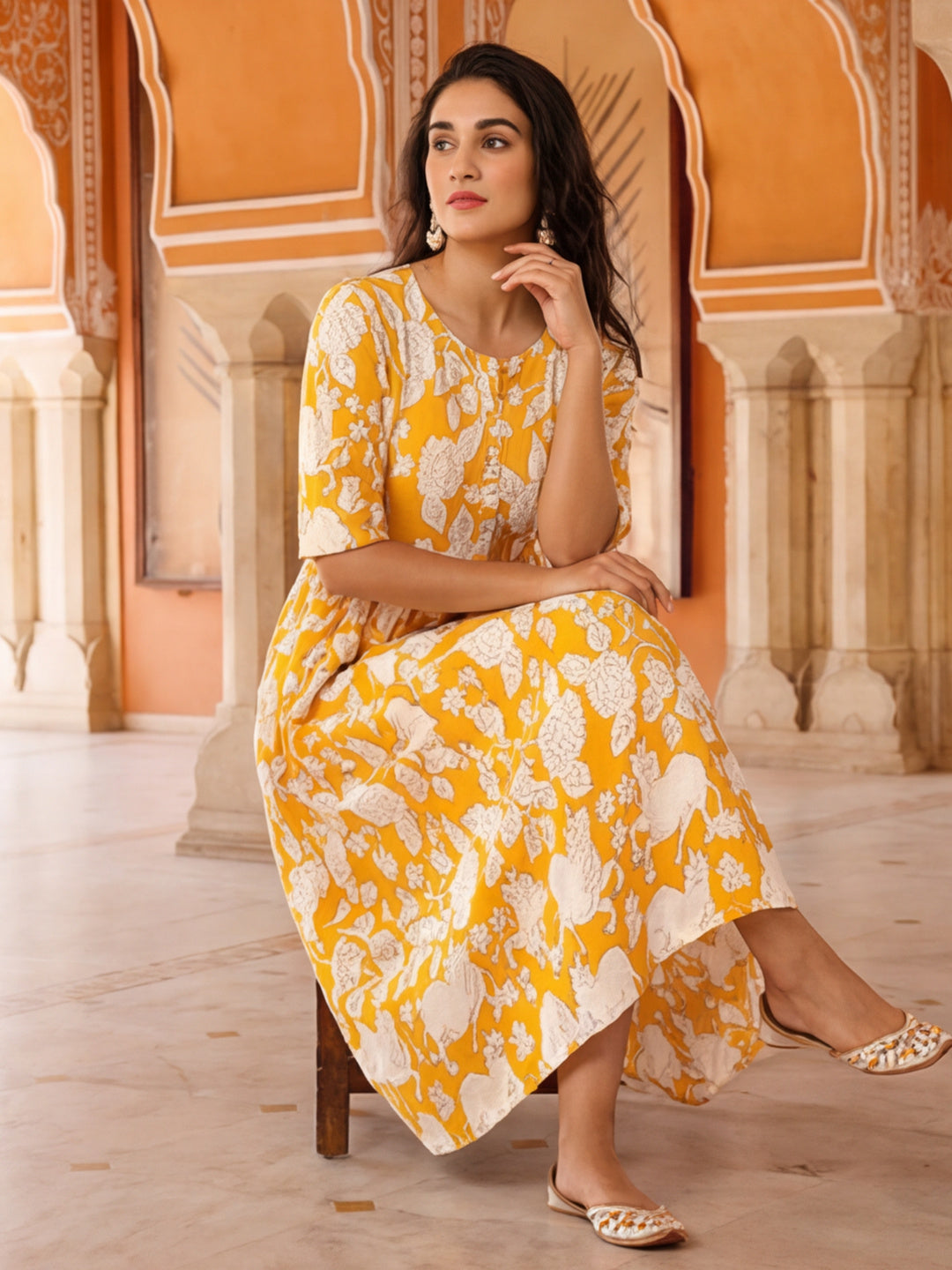 Floral Printed A-Line Panelled Ethnic Dress