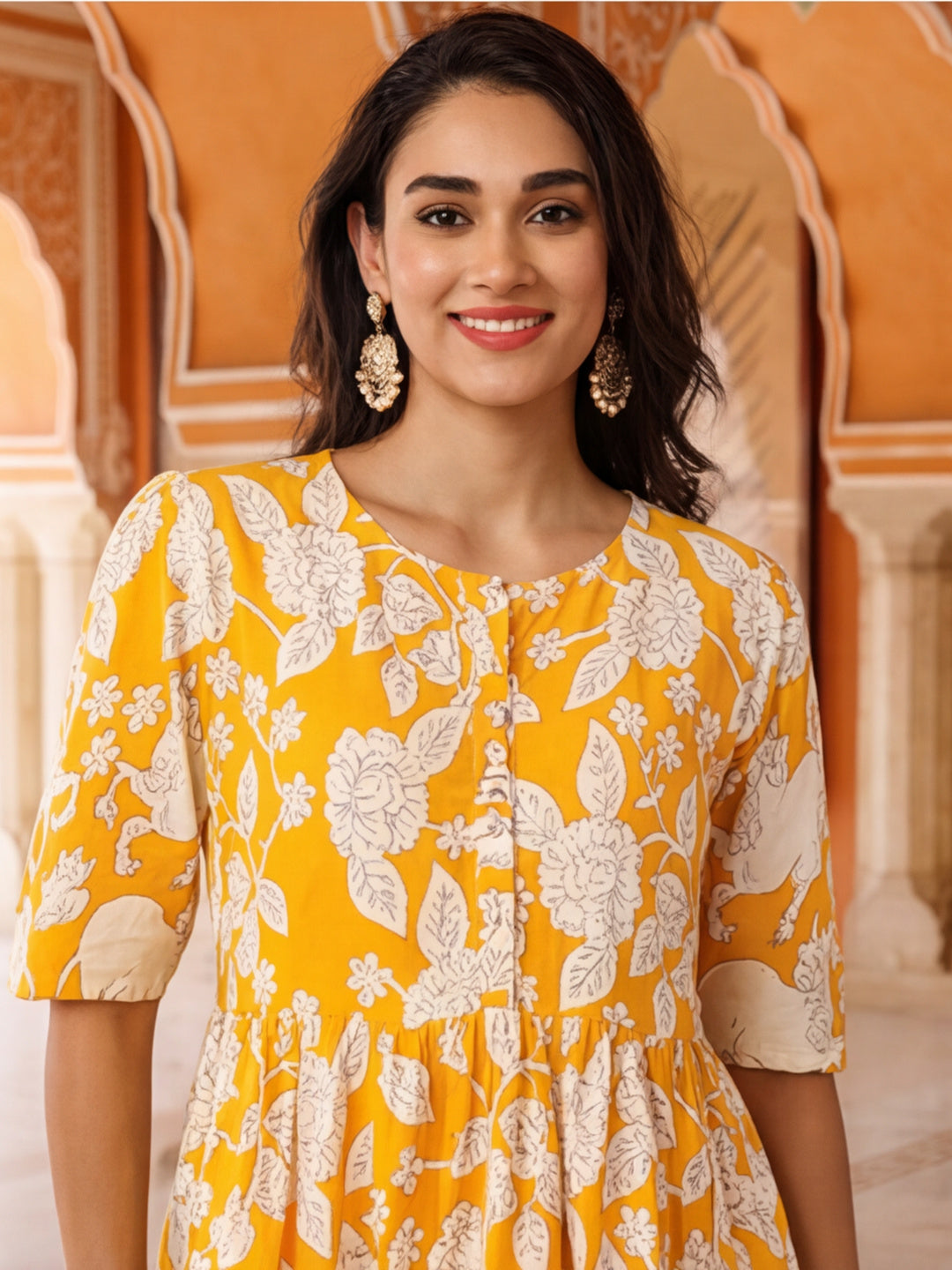 Floral Printed A-Line Panelled Ethnic Dress