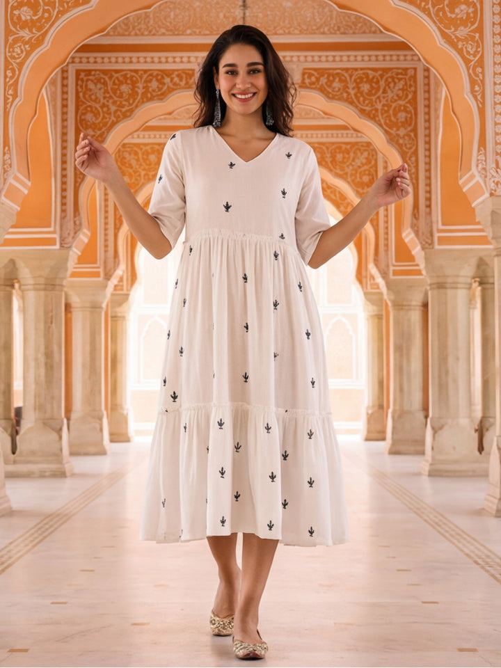 Floral Embroidered A-Line Tiered Ethnic Dress