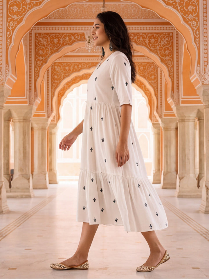 Floral Embroidered A-Line Tiered Ethnic Dress