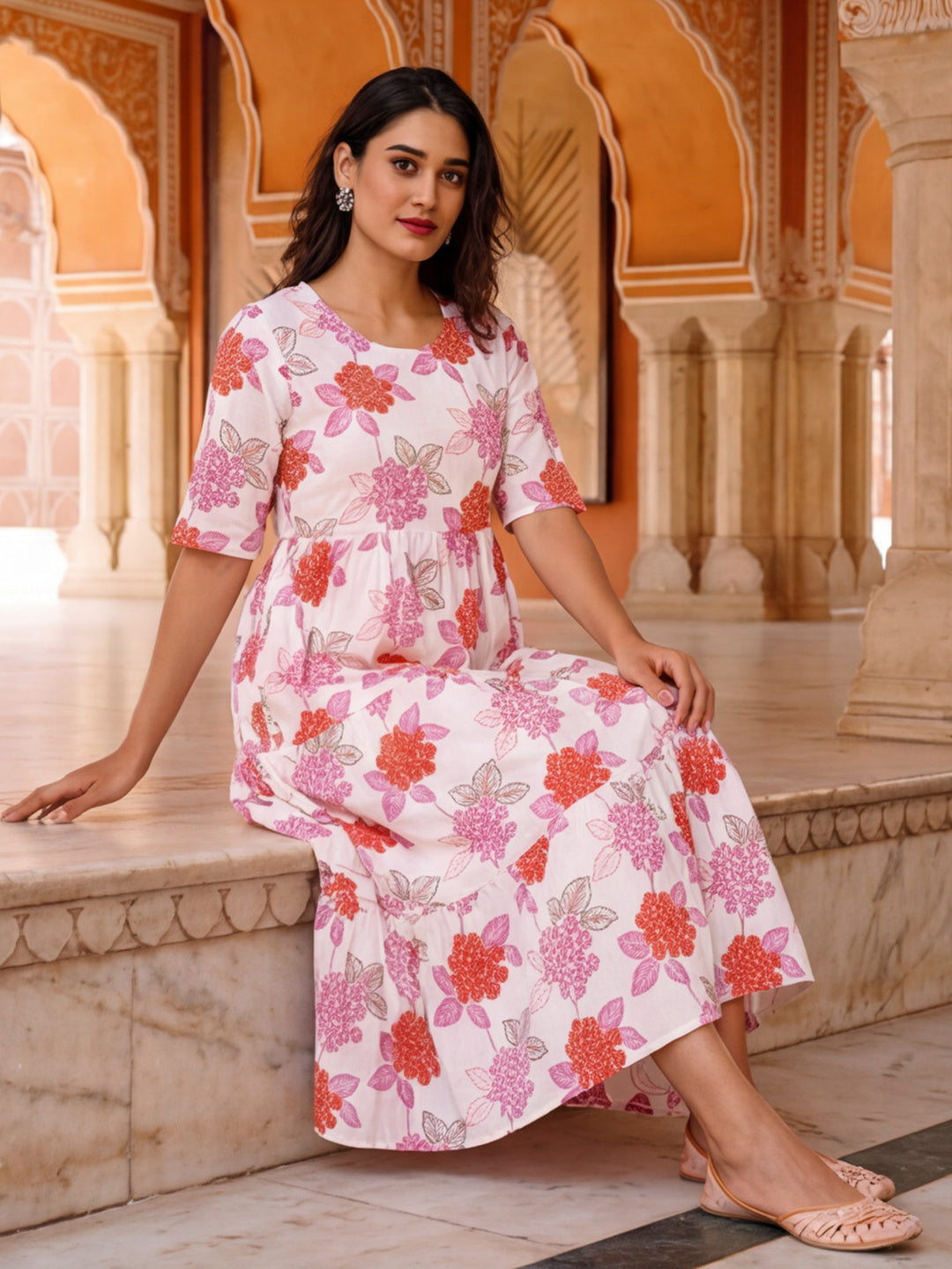 Floral Printed A-Line Pure Cotton Ethnic Dress