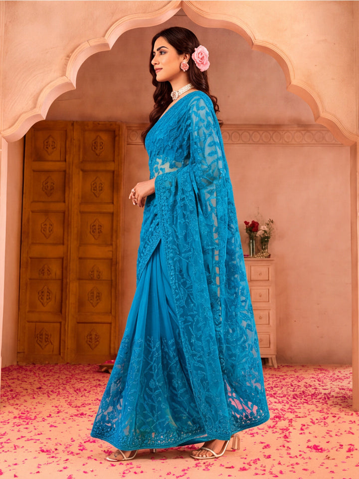 Blue Beery Embroidered Work Net Saree with Floral Design