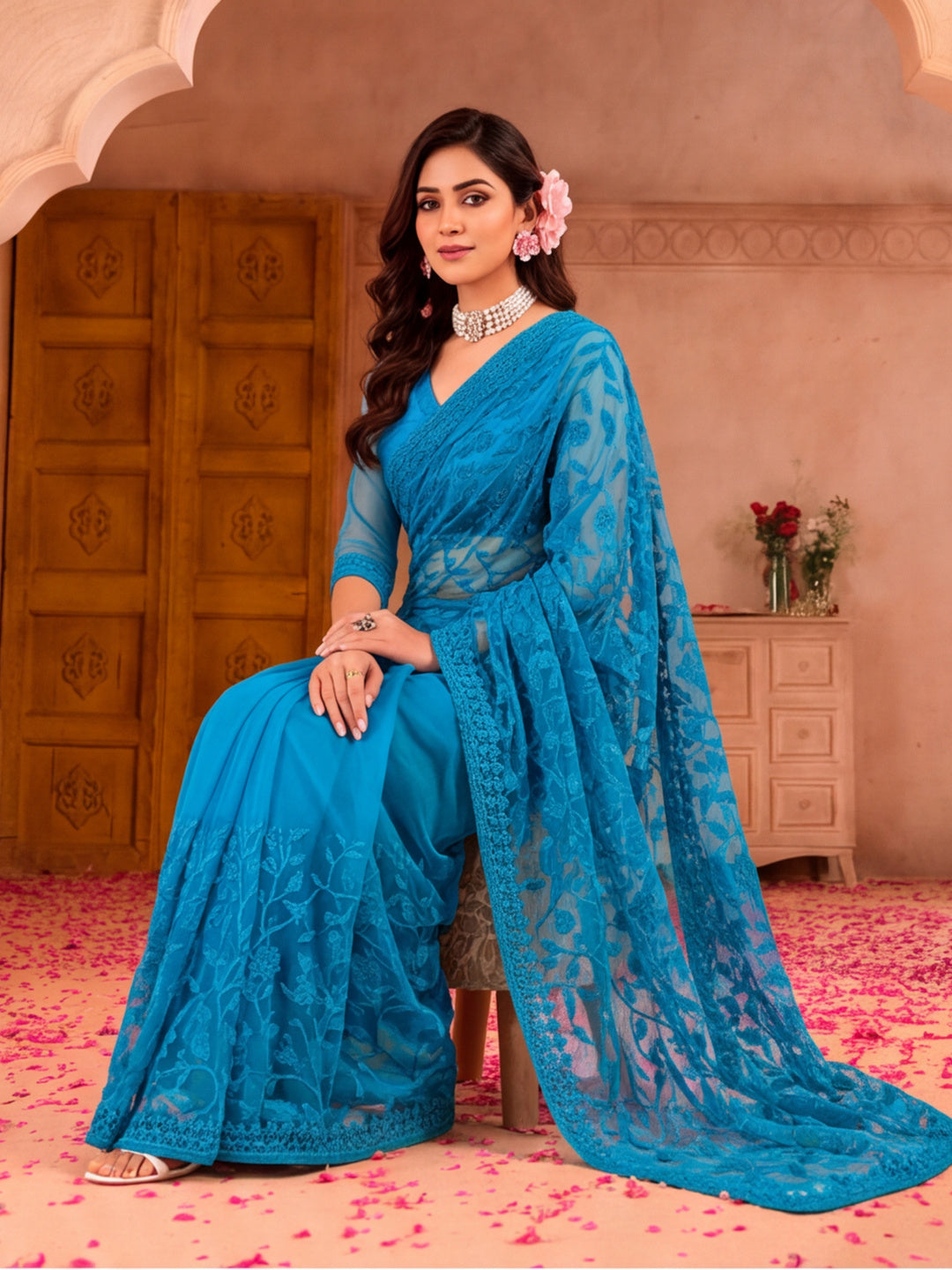 Blue Beery Embroidered Work Net Saree with Floral Design