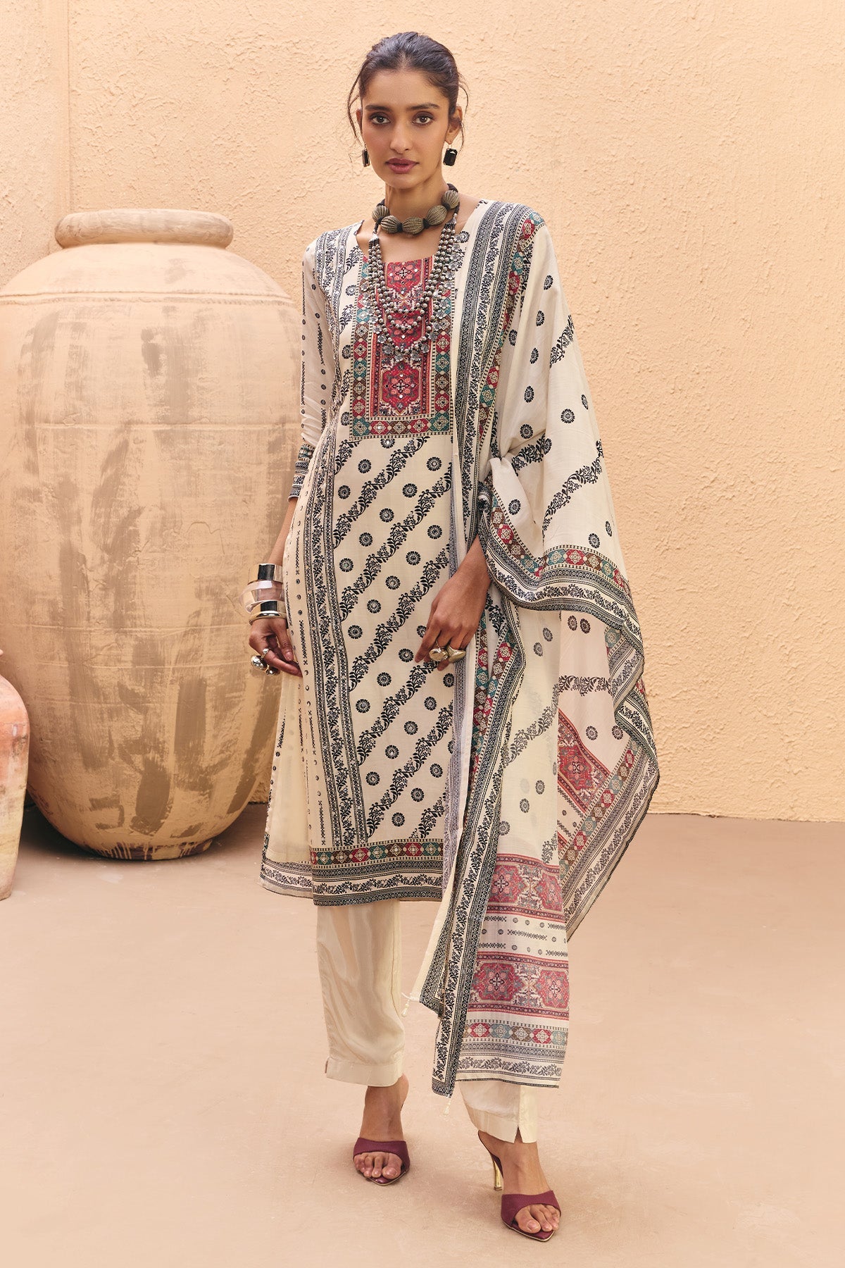 Cream Mirror Embellished Kurta 3 Pcs Set