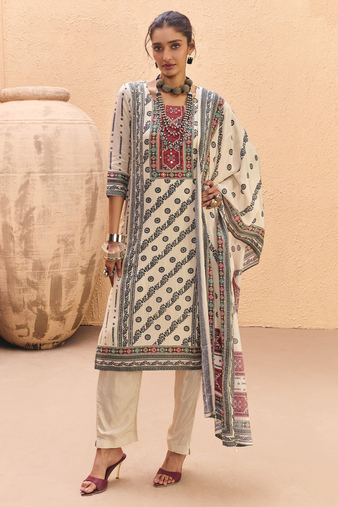Cream Mirror Embellished Kurta 3 Pcs Set