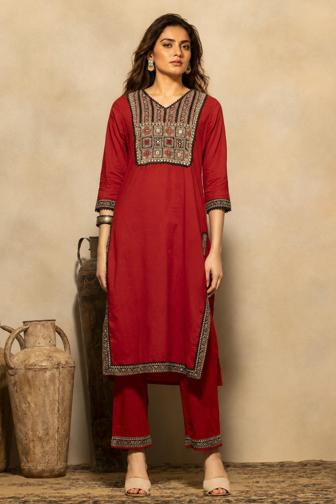 Rust Block Printed Kurta 3 Pcs Set