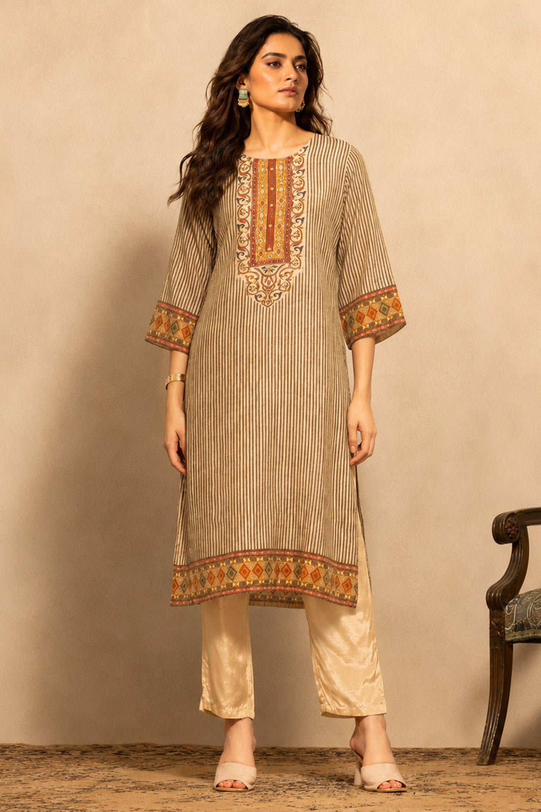 Beige Printed Kurta 3 Pcs Set
