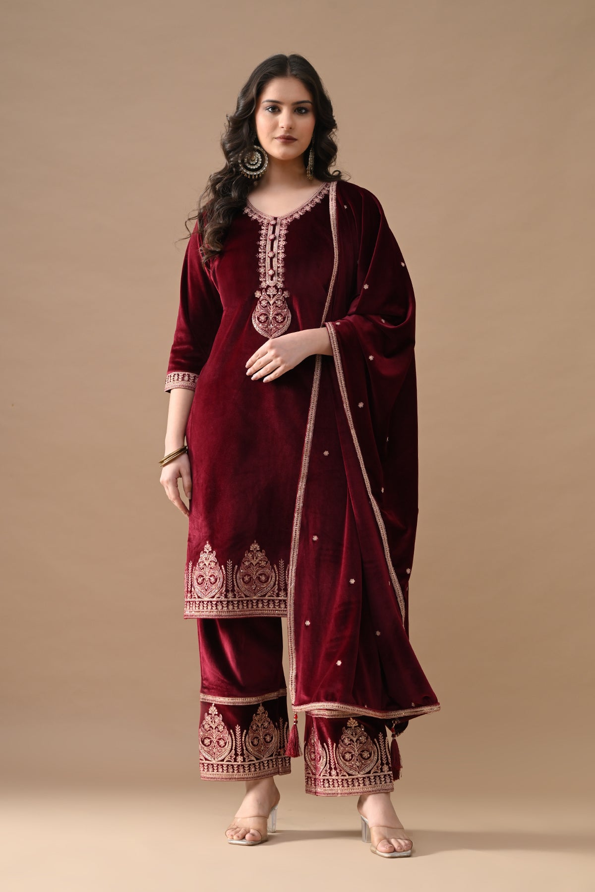 Maroon Embroidered Velvet Kurta 3 Pcs Set