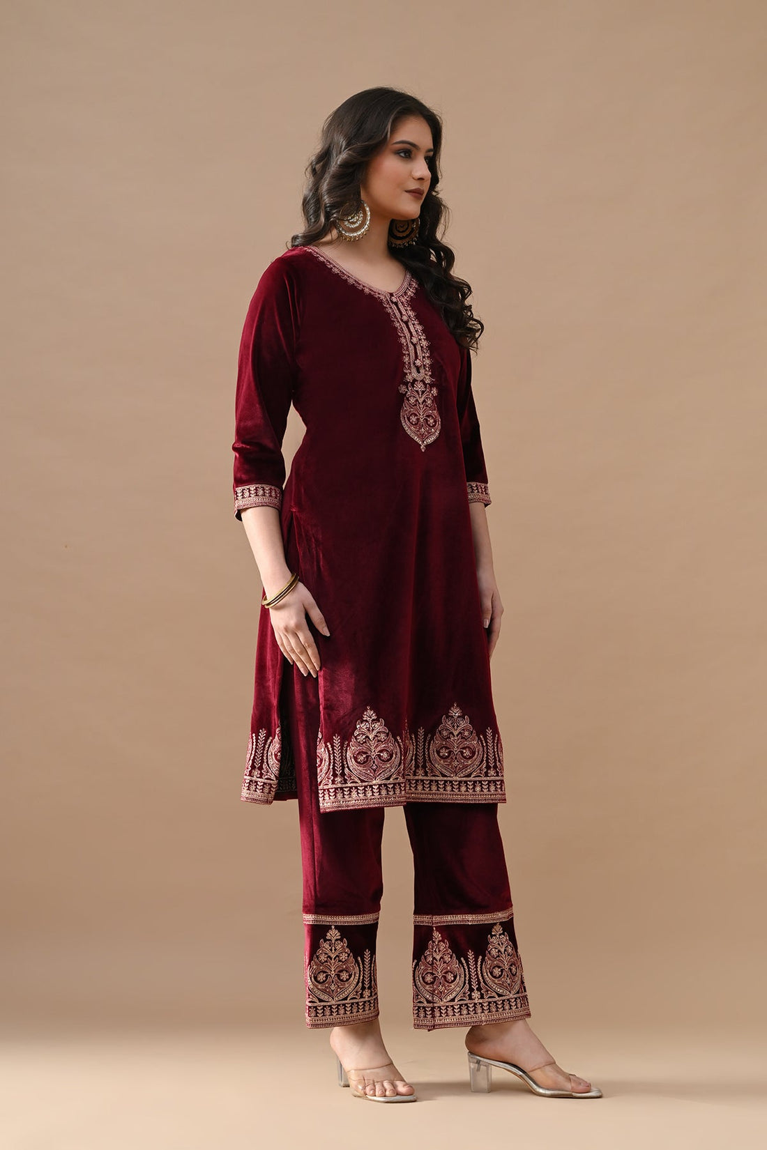 Maroon Embroidered Velvet Kurta 3 Pcs Set