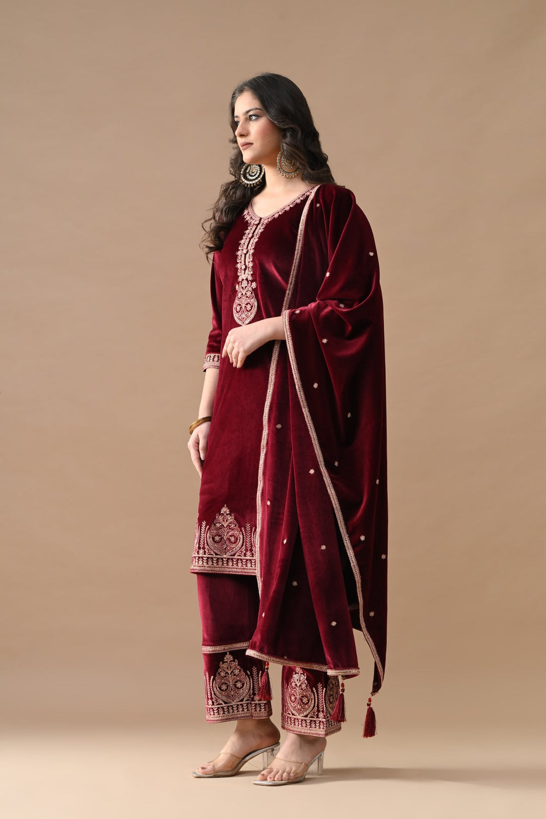 Maroon Embroidered Velvet Kurta 3 Pcs Set