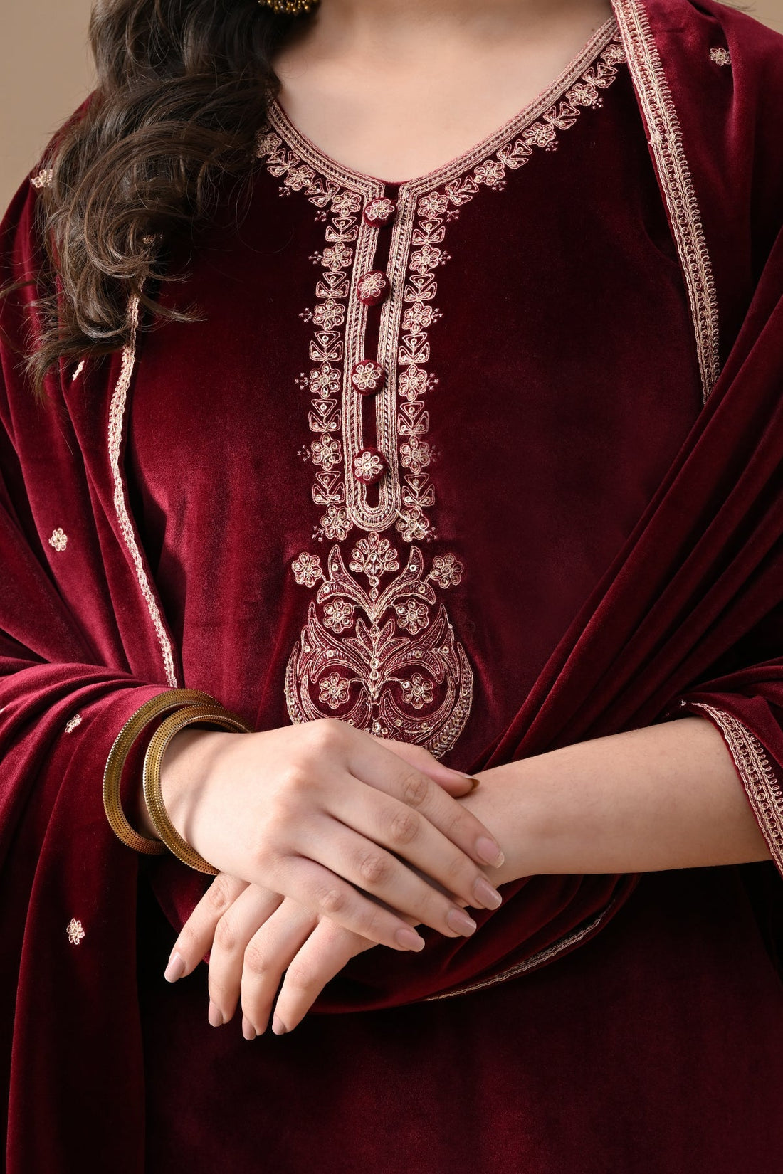 Maroon Embroidered Velvet Kurta 3 Pcs Set