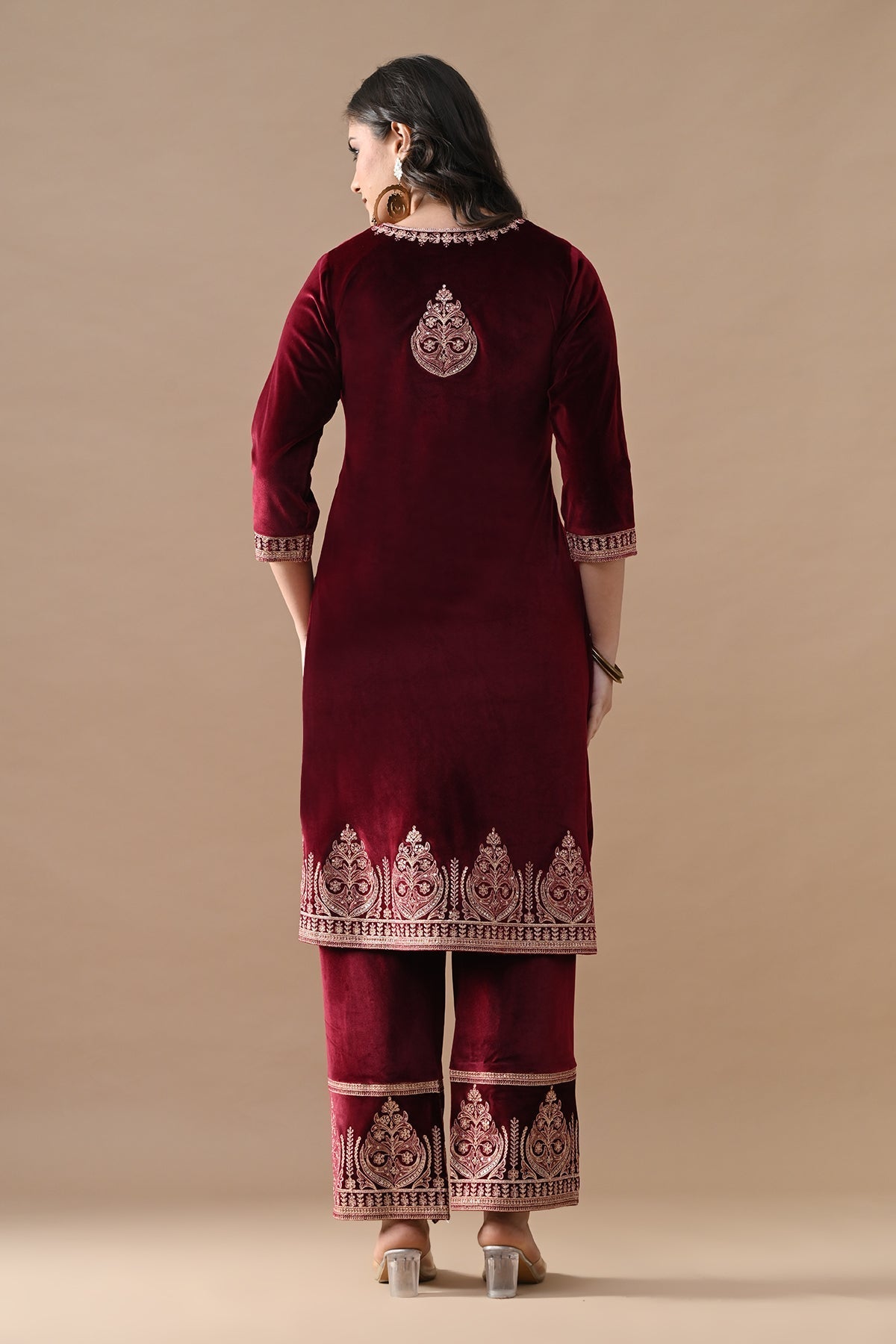 Maroon Embroidered Velvet Kurta 3 Pcs Set