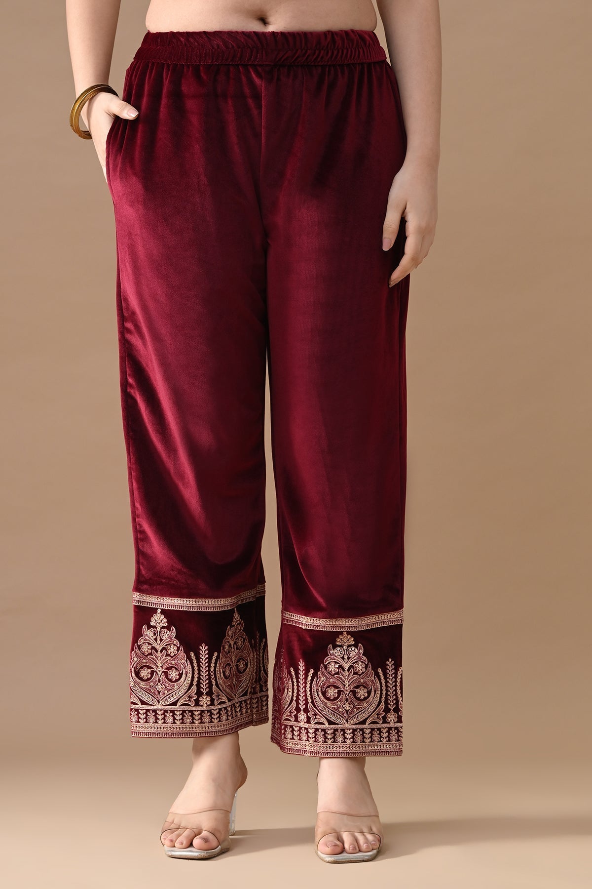 Maroon Embroidered Velvet Kurta 3 Pcs Set