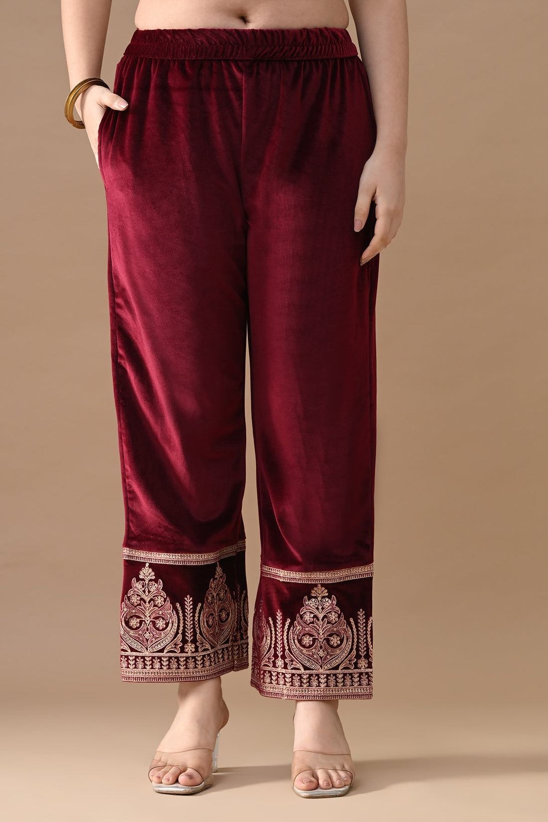 Maroon Embroidered Velvet Kurta 3 Pcs Set