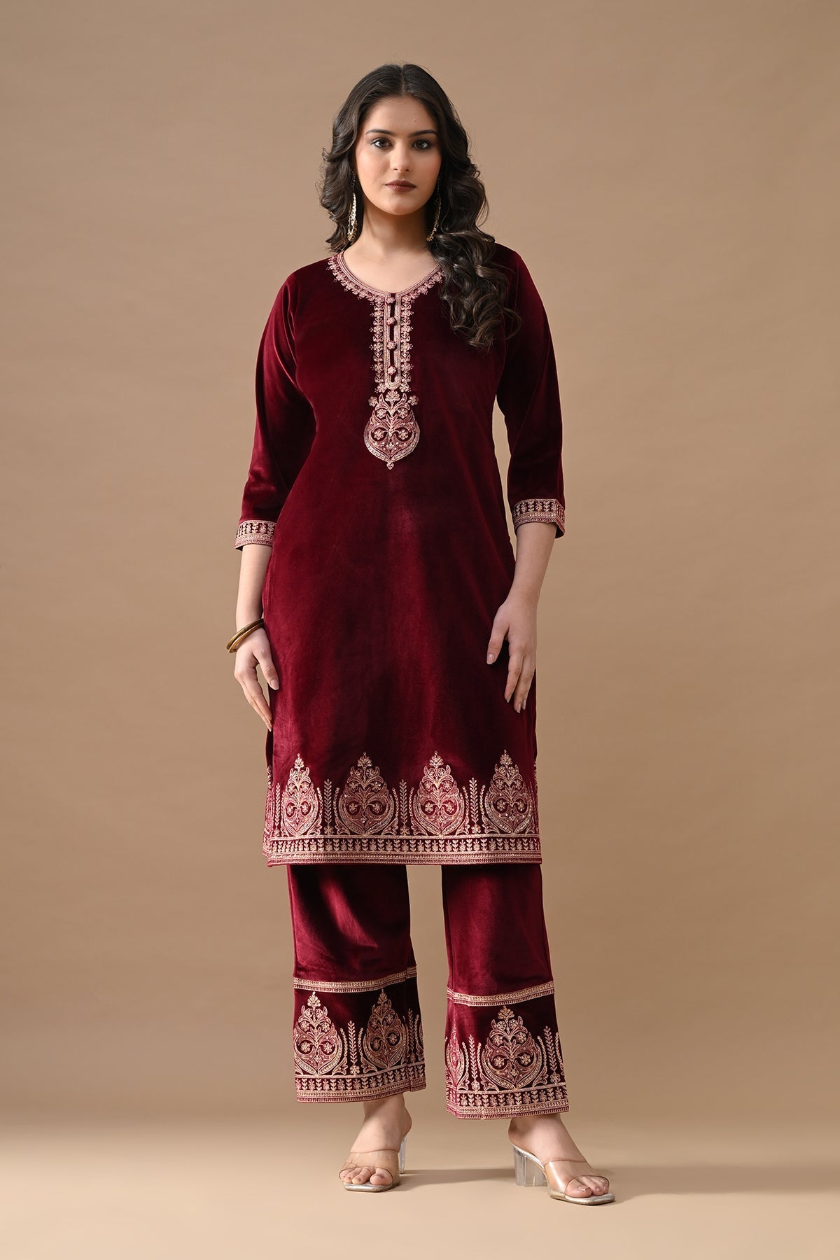Maroon Embroidered Velvet Kurta 3 Pcs Set