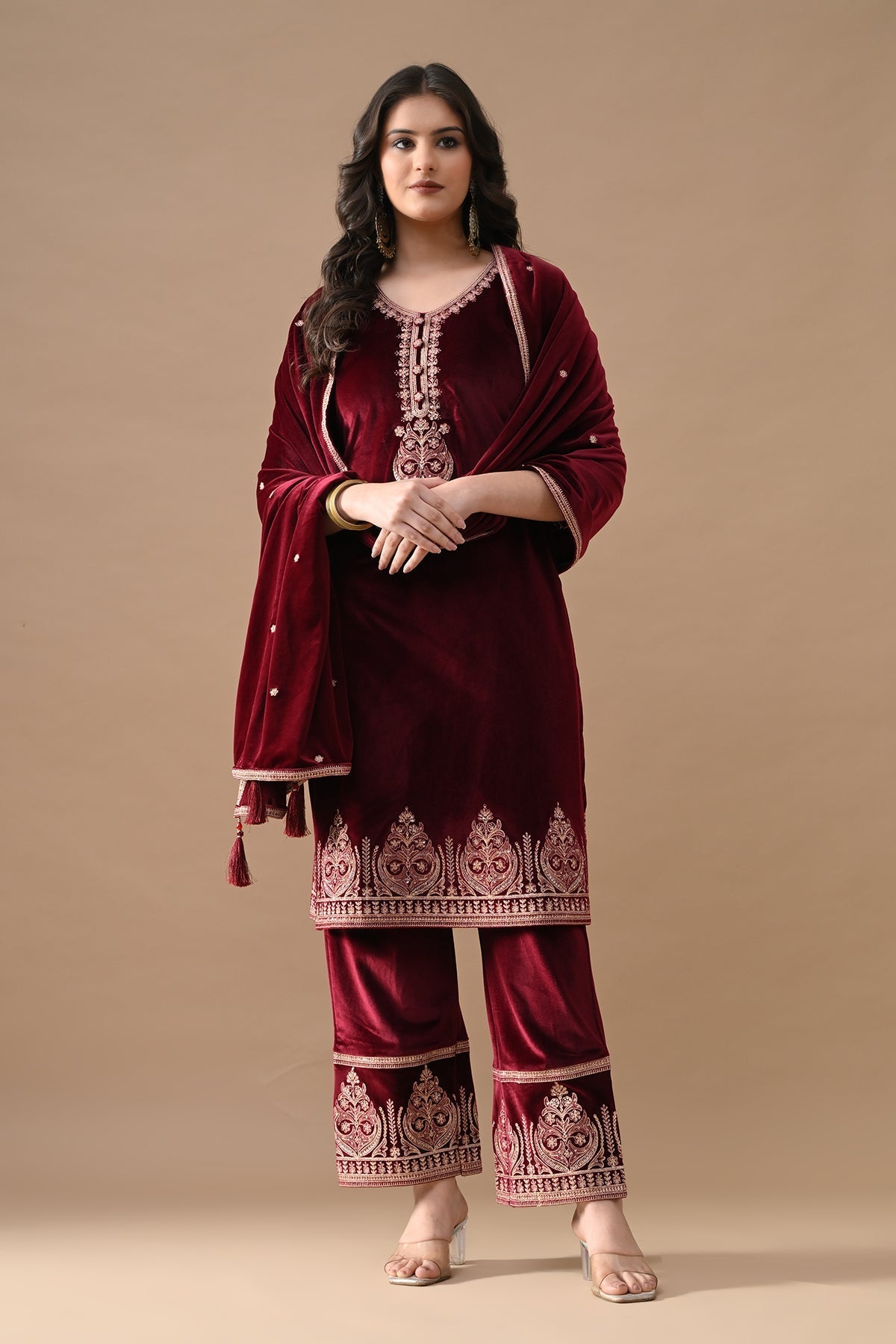 Maroon Embroidered Velvet Kurta 3 Pcs Set