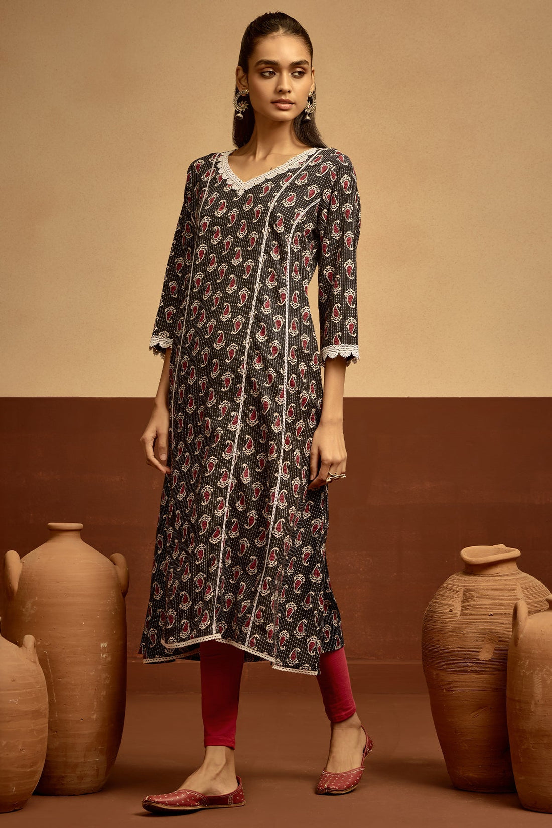 Black Printed A-line Kurta