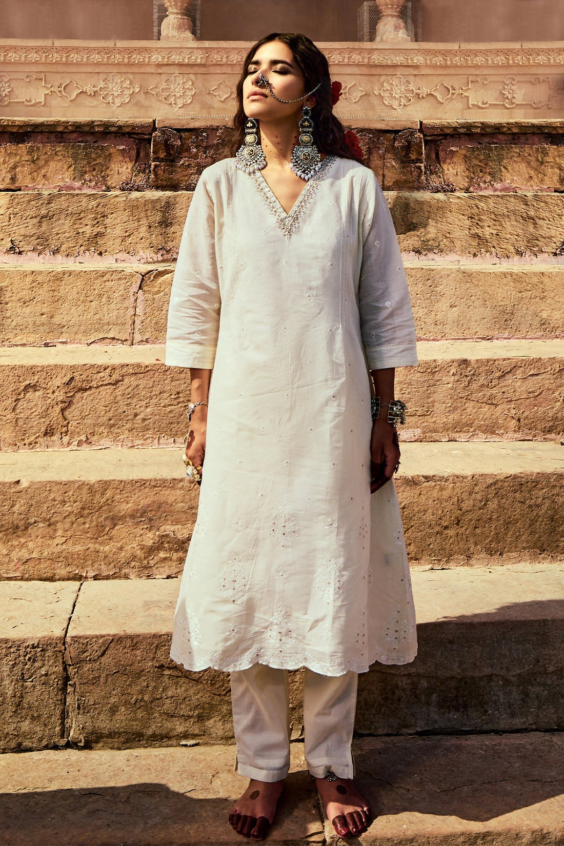 Cream Embroidered A-Line Kurta 2 Pcs Set