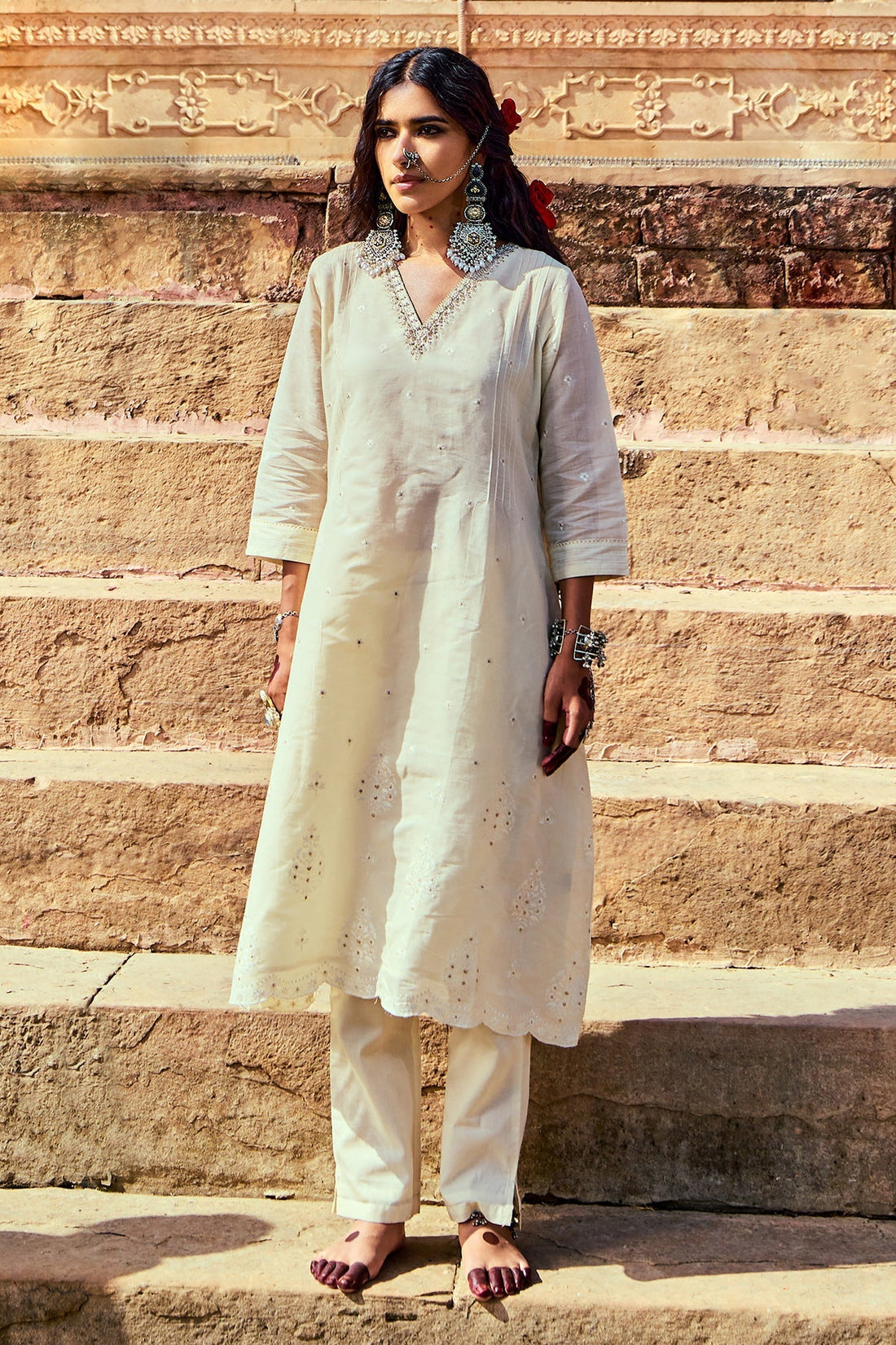 Cream Embroidered A-Line Kurta 2 Pcs Set