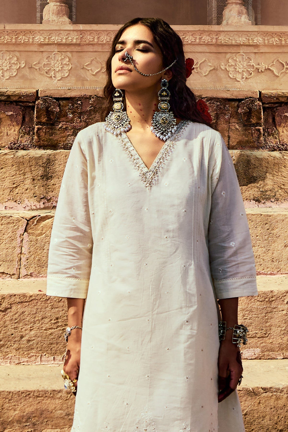 Cream Embroidered A-Line Kurta 2 Pcs Set