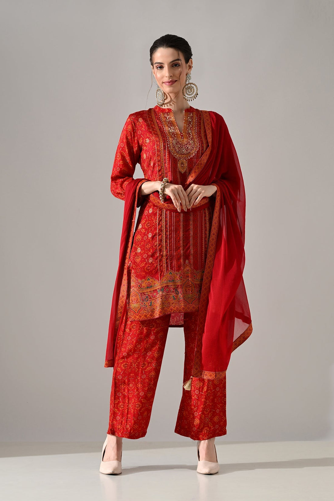 Maroon Printed Kurta 3 Pcs Set