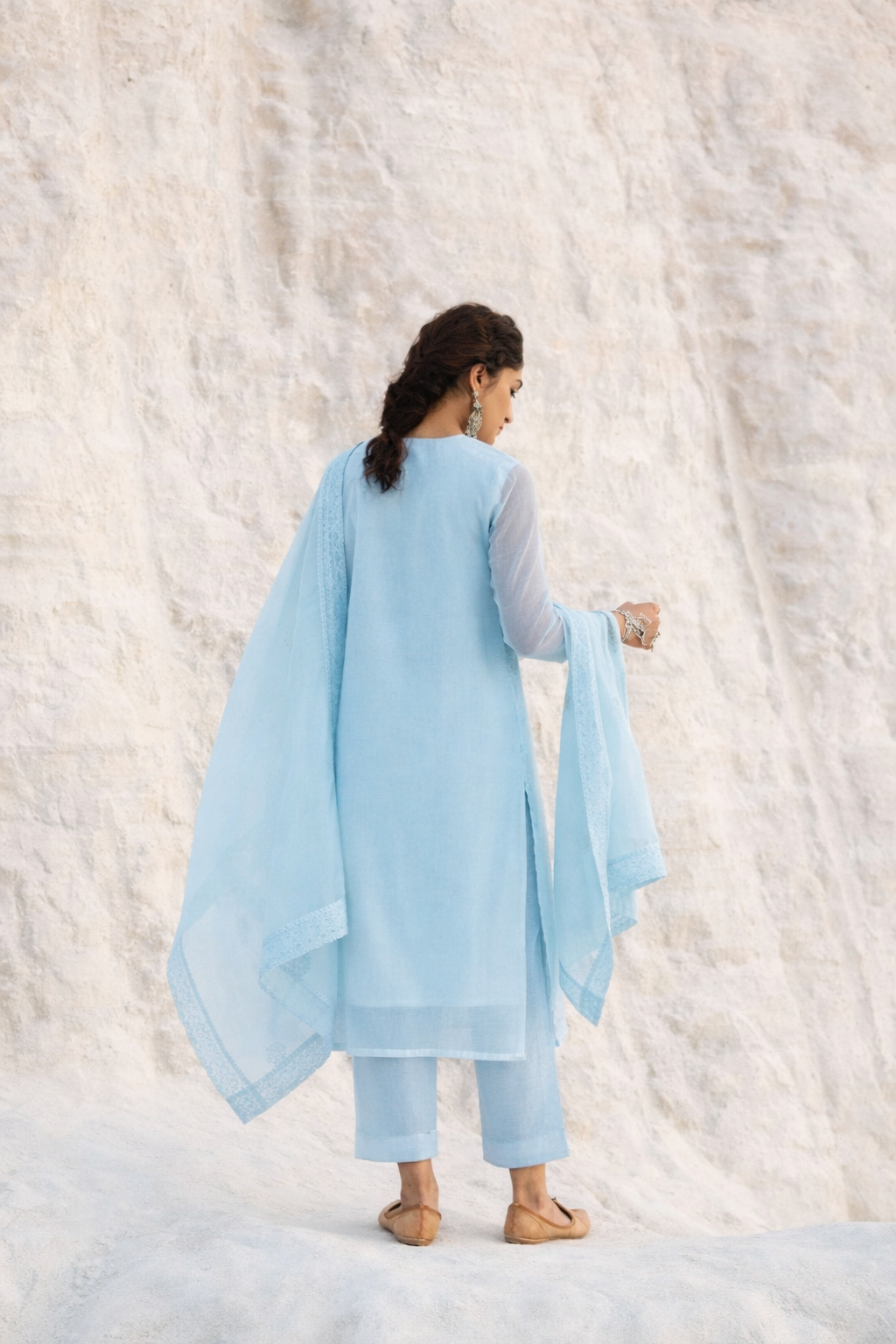 ICE BLUE  CHIKANKARI MUL CHANDERI KURTA SET