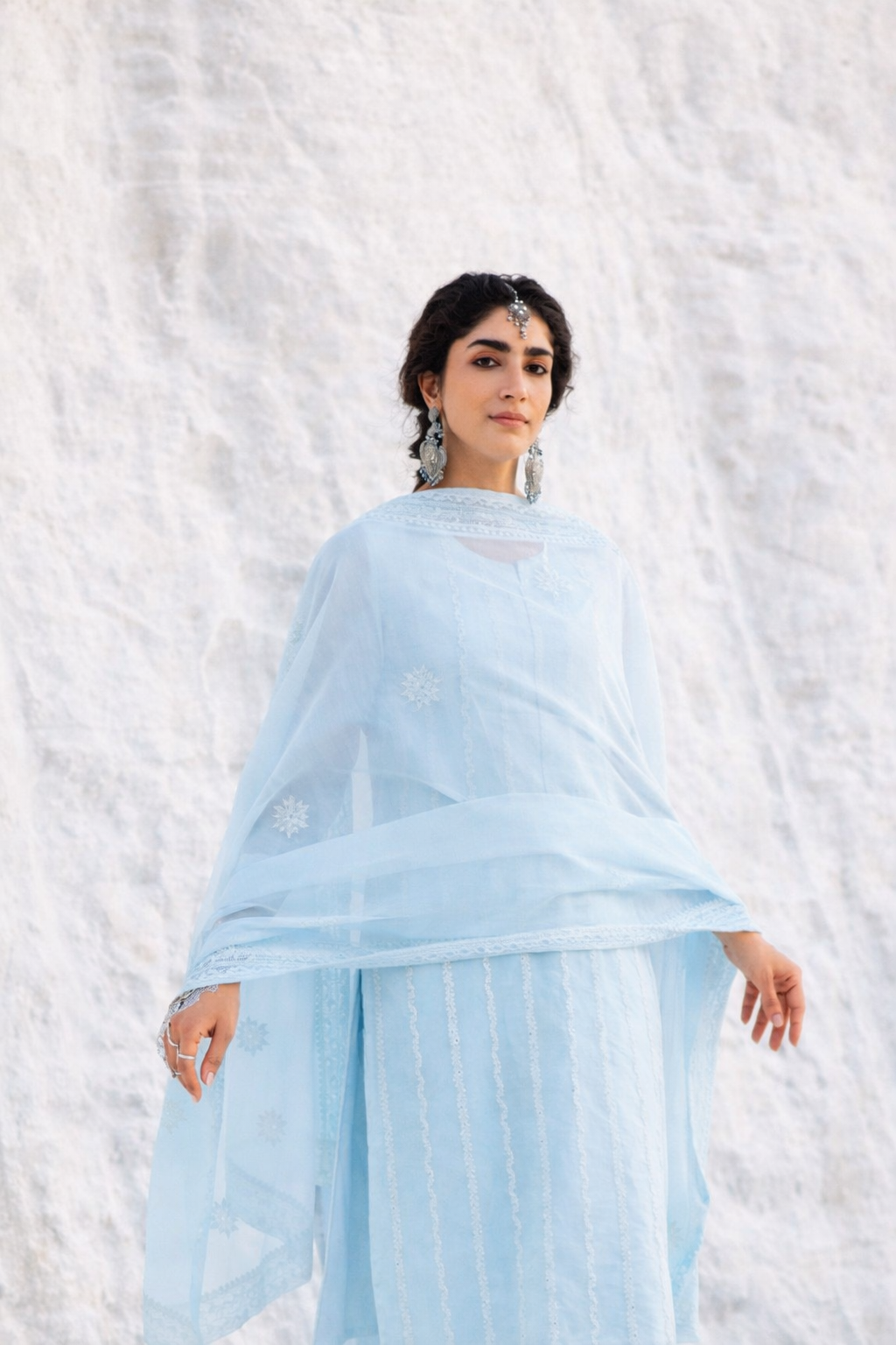 ICE BLUE  CHIKANKARI MUL CHANDERI KURTA SET