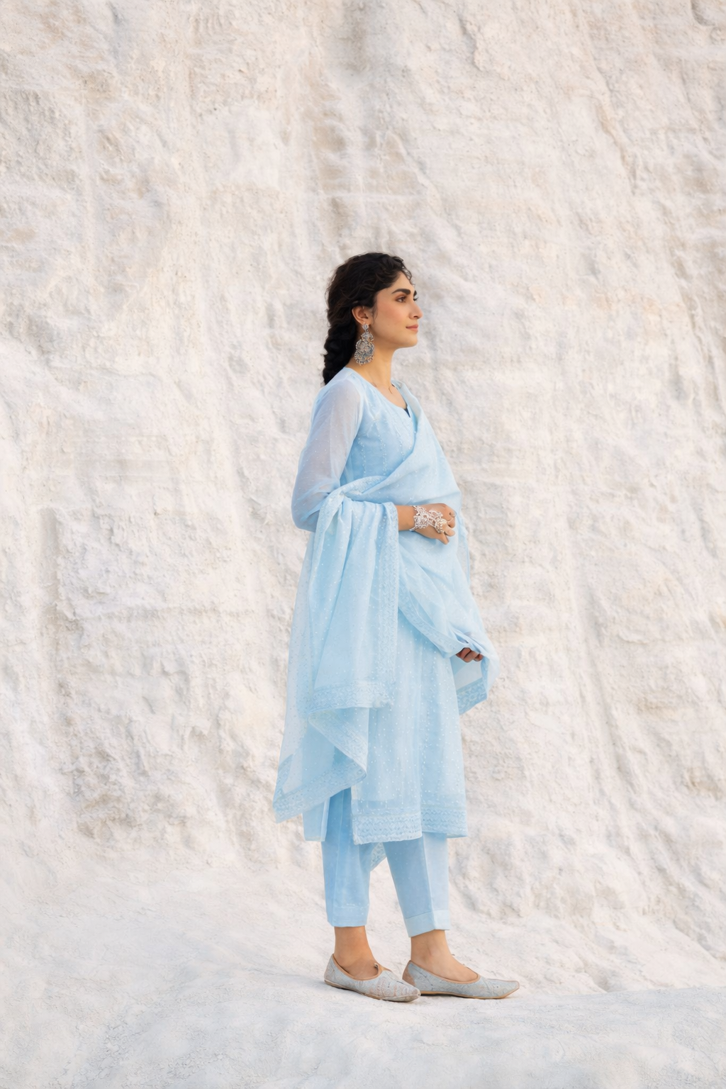 ICE BLUE  CHIKANKARI MUL CHANDERI KURTA SET