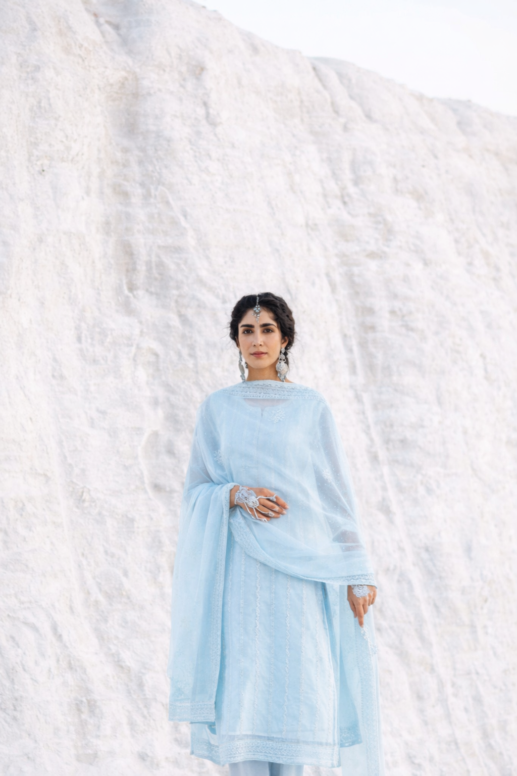 ICE BLUE  CHIKANKARI MUL CHANDERI KURTA SET