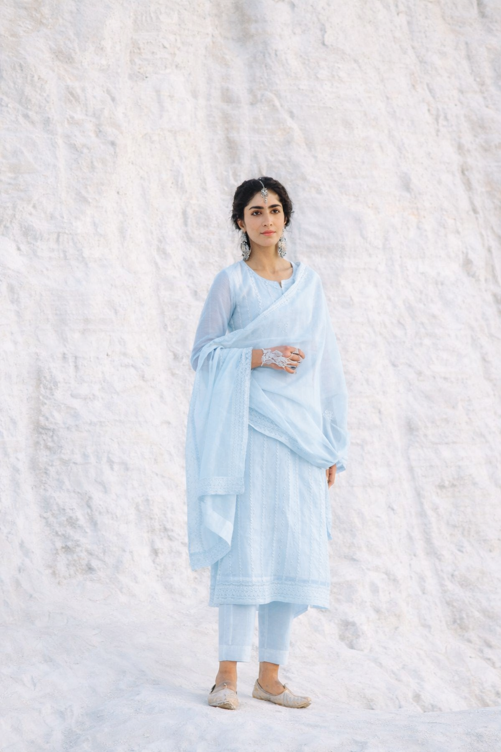 ICE BLUE  CHIKANKARI MUL CHANDERI KURTA SET