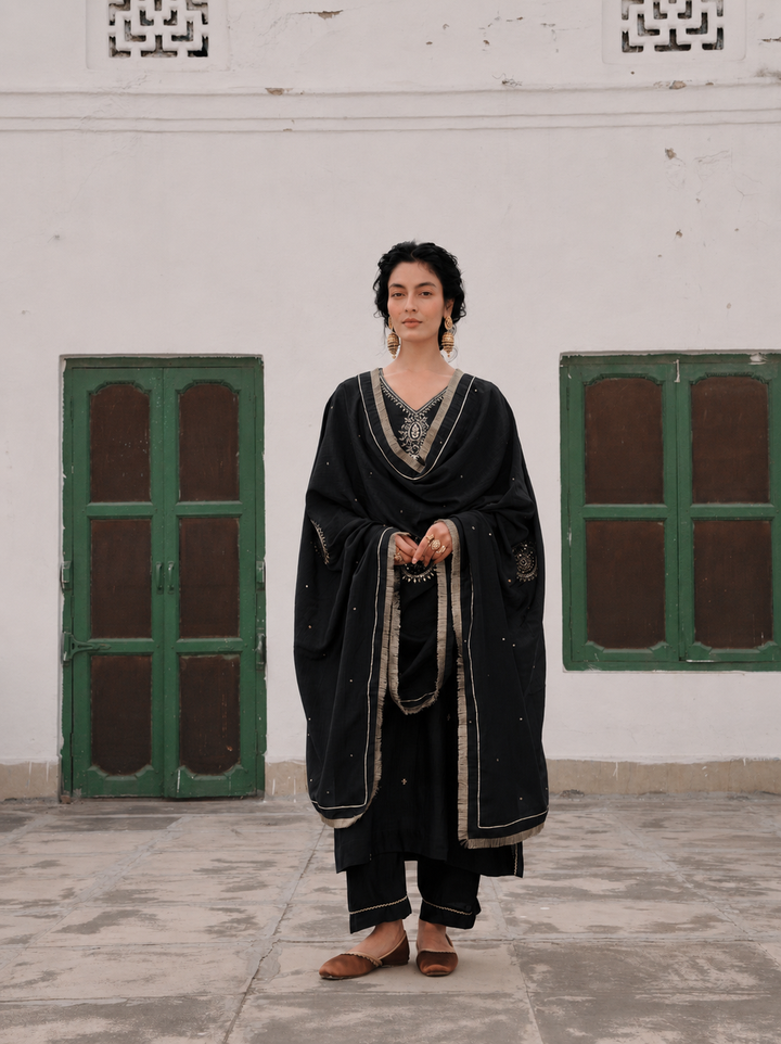 BLACK MUL CHANDERI KURTA SET