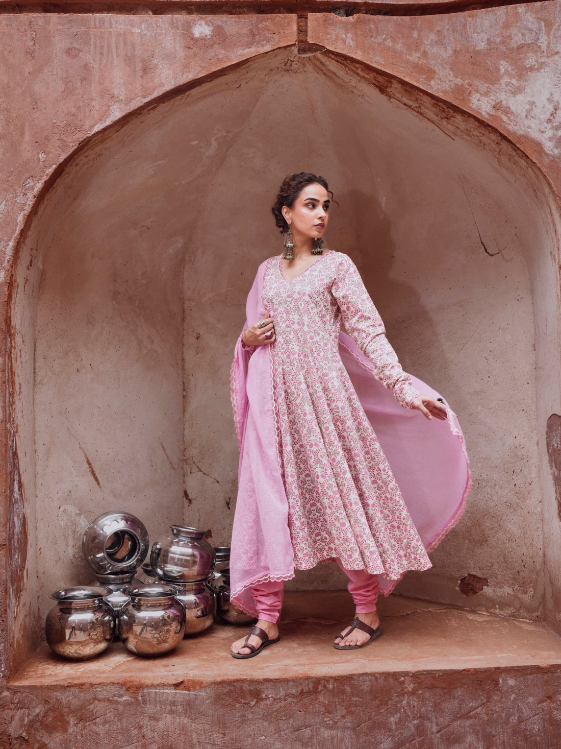 PINK PRINTED ANARKALI SUIT SET