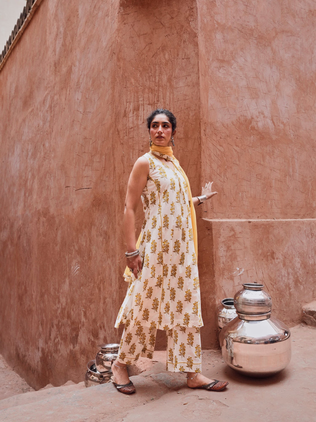 YELLOW FLORAL PRINT COTTON SUIT SET