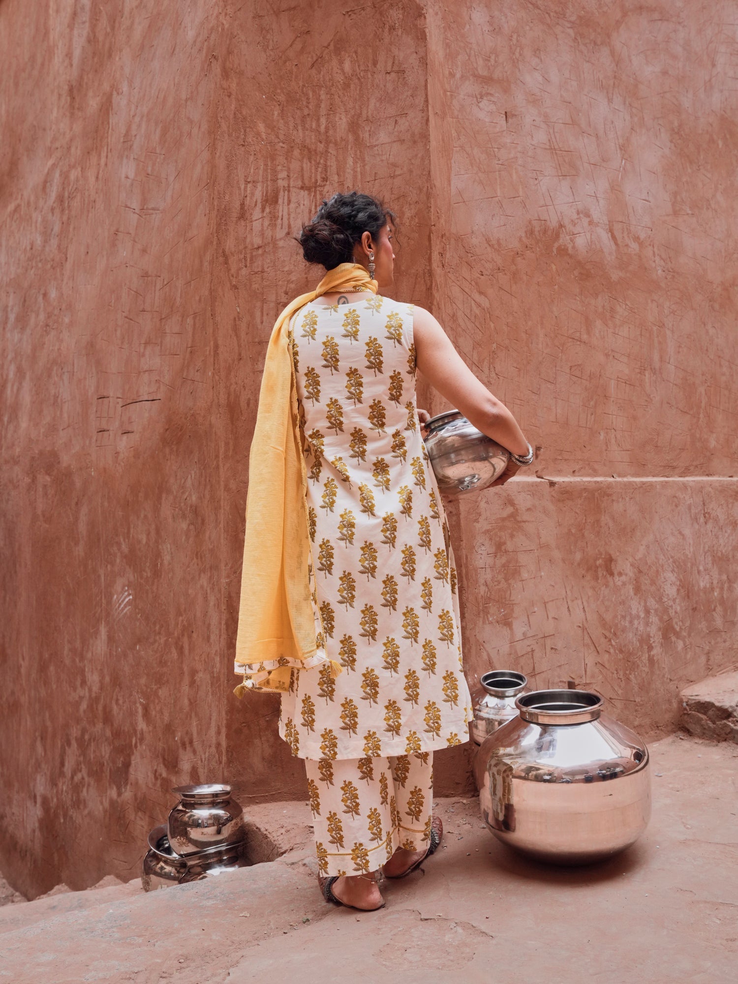 YELLOW FLORAL PRINT COTTON SUIT SET