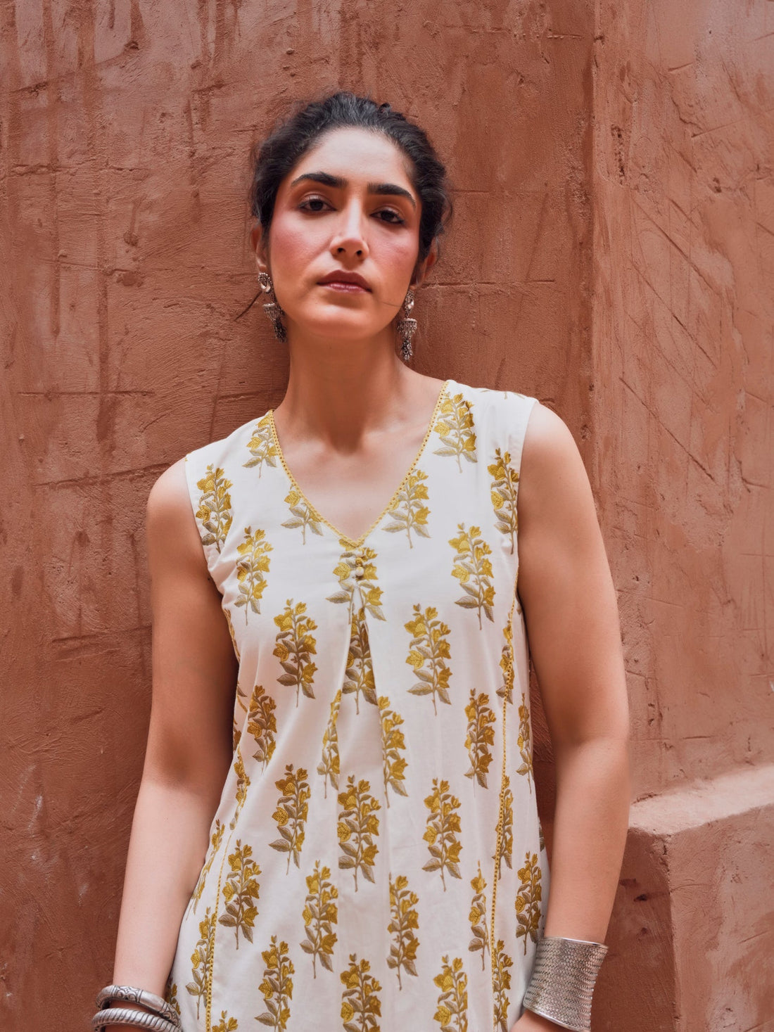 YELLOW FLORAL PRINT COTTON SUIT SET