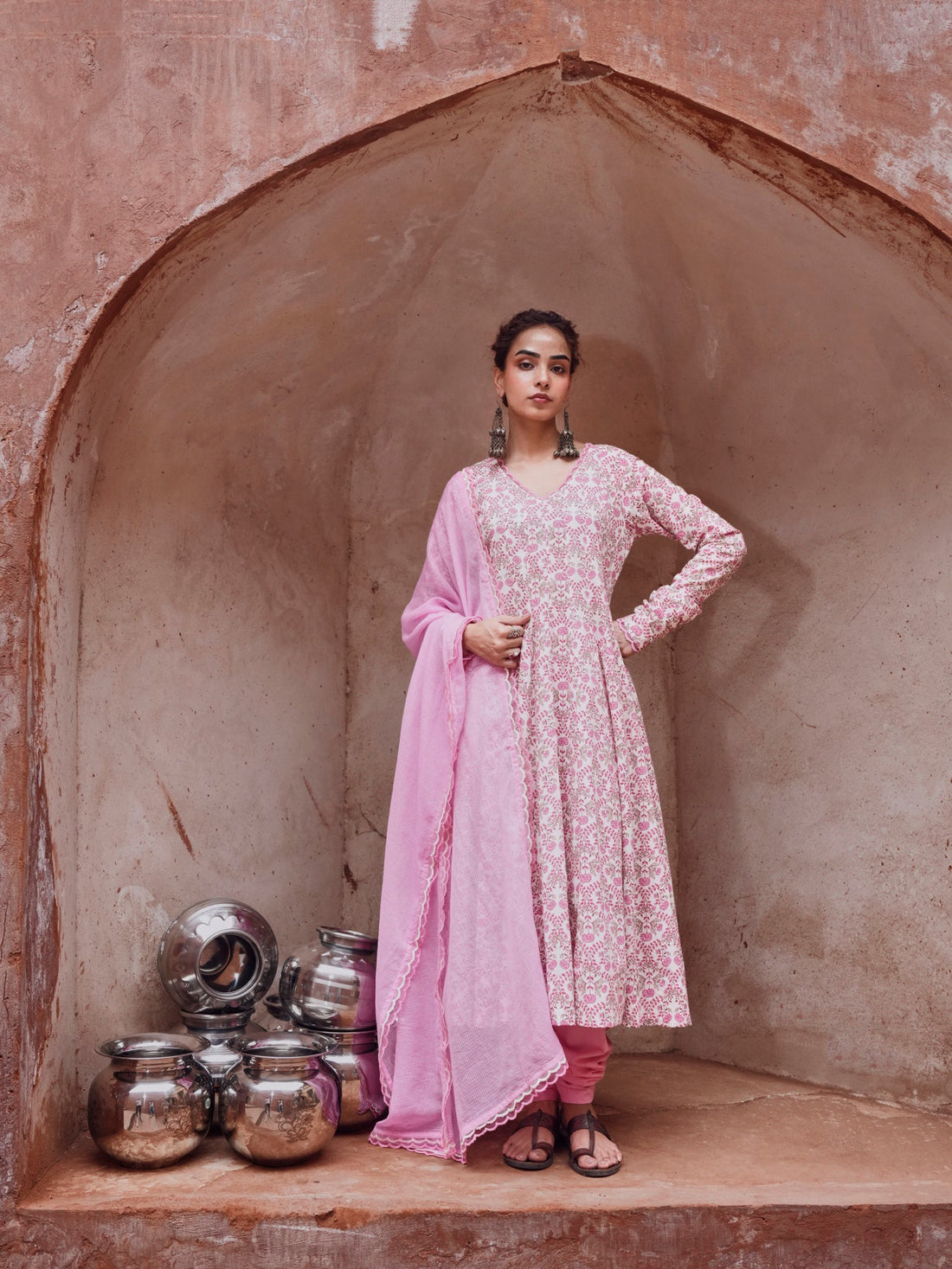 PINK PRINTED ANARKALI SUIT SET