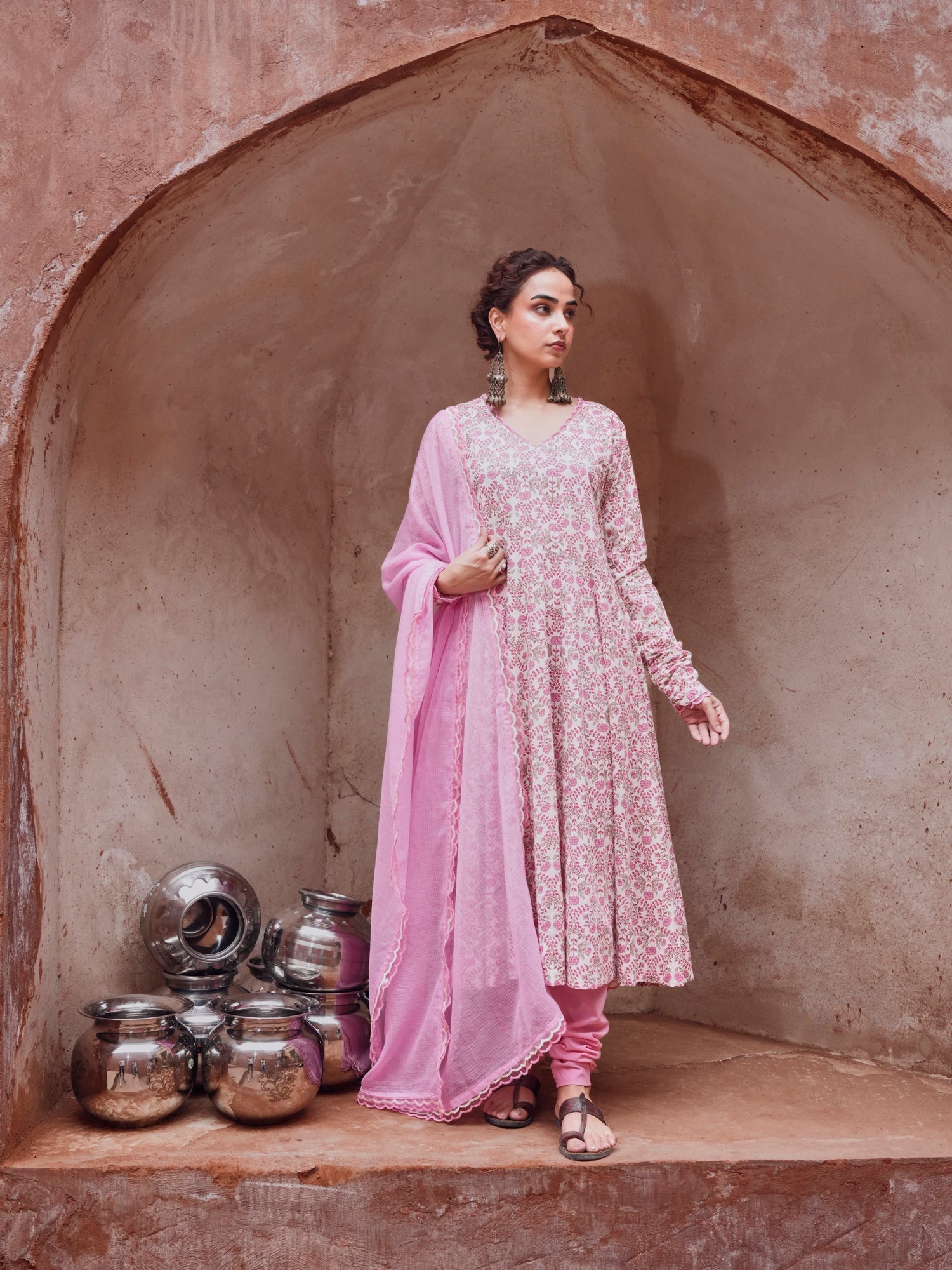 PINK PRINTED ANARKALI SUIT SET