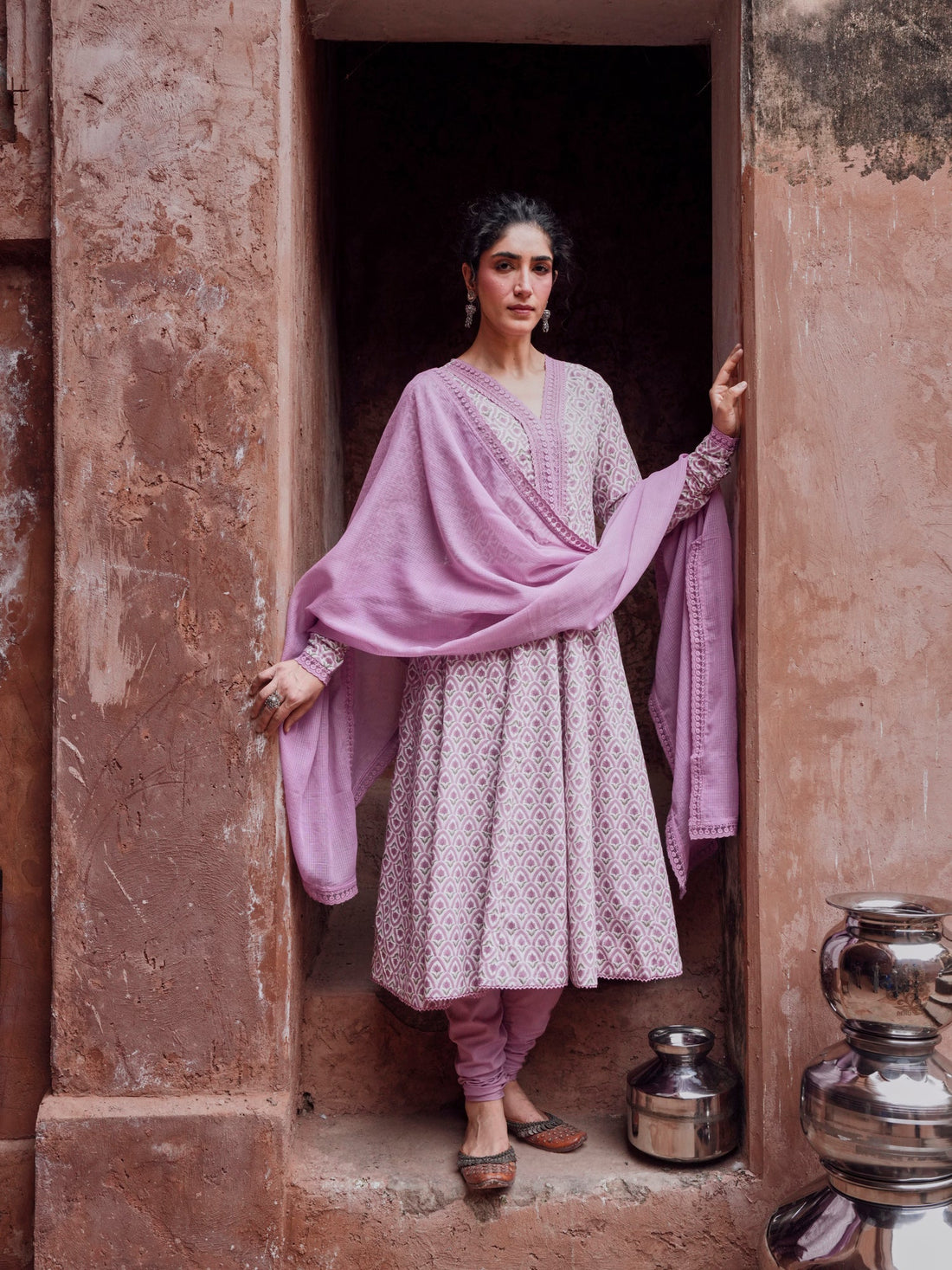 PURPLE PRINTED ANARKALI SUIT SET