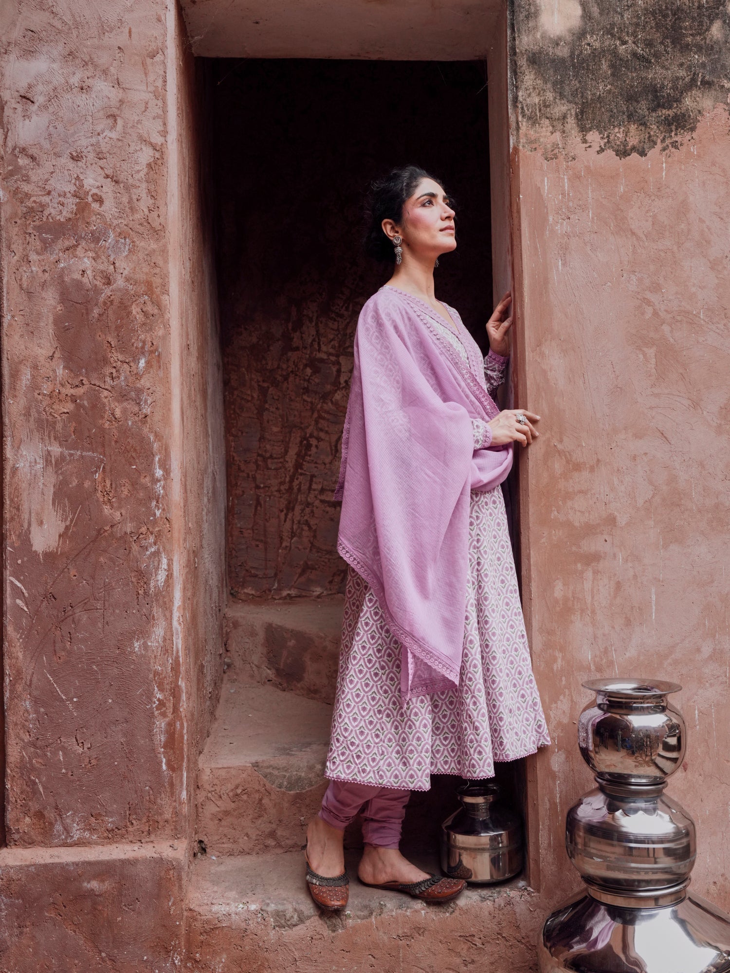 PURPLE PRINTED ANARKALI SUIT SET