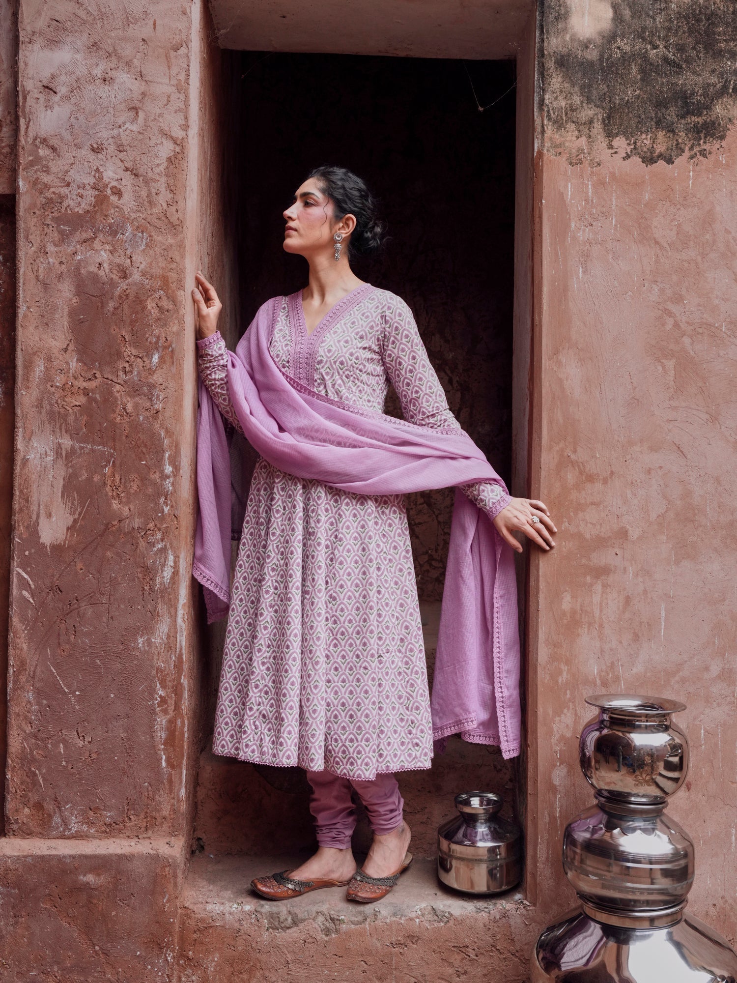 PURPLE PRINTED ANARKALI SUIT SET